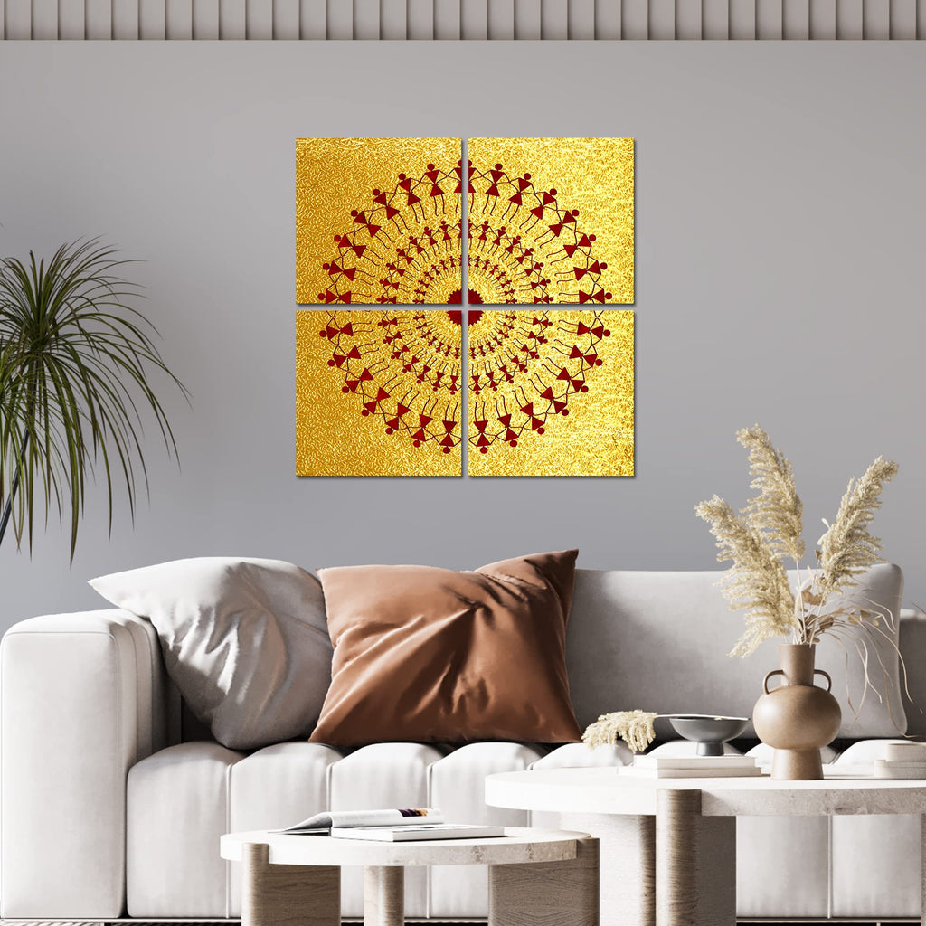 VIBECRAFTS Beautiful Warli Art 4 Pieces Canvas Wall Hanging Painting Fitted With Wooden Frame For Home | Office | Living Room | Gifts (PTVC4Pcs5_16602)