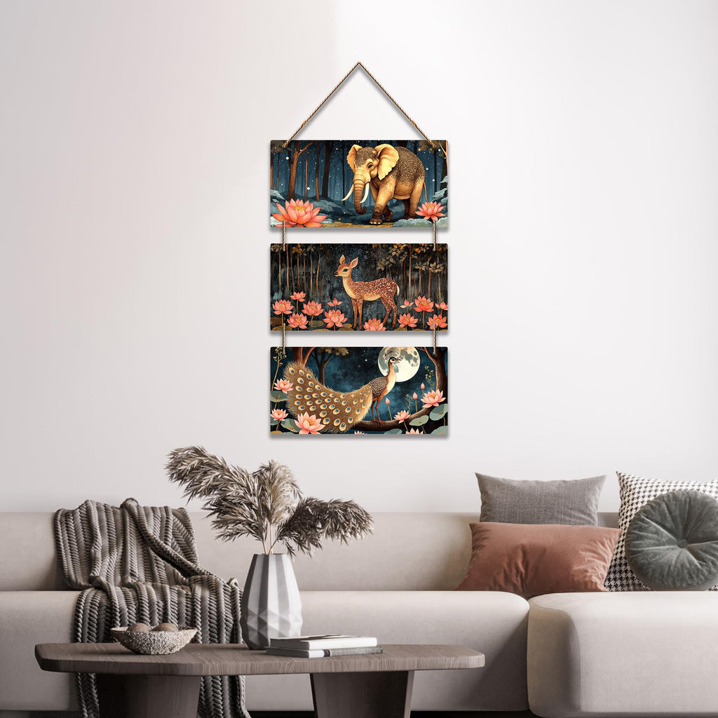 Artvibes Elephant Deer And Peacock Aesthetic Modern Art Decorative Wall Art MDF Wooden Wall Hanger for Living Room | Door Decoration Items | Artwork | Wall Illustrations | Ideal Gifts (WH_9456N)
