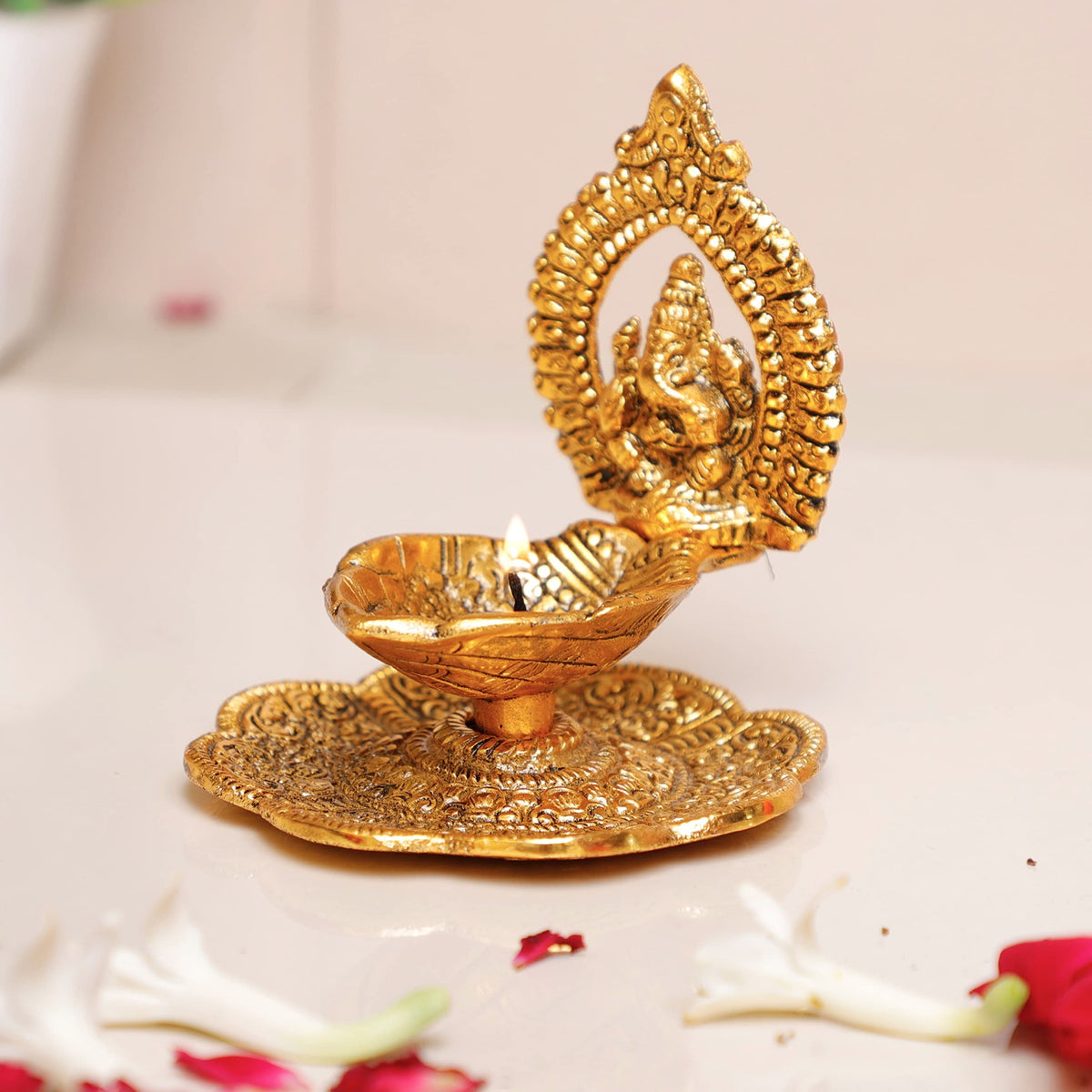 Kridaykraft Aluminium Metal Ganesh Diya with Swastik Engraved in Hand Hath Deepak Ganesh Gold Plated (10.2 cm x 10.2 cm x 11.5 cm,),