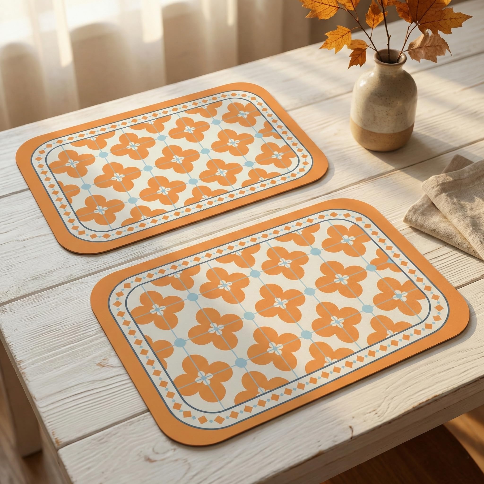 TheTableTales Placemats Pack of 2, Premium Waterproof Heat Resistant Dining Table Mats | Washable PU Leather Mats for Dinner | Non Slip Pad for Home Kitchen Restaurant (45 x 30 cm, Pastel Orange) Kafalo
