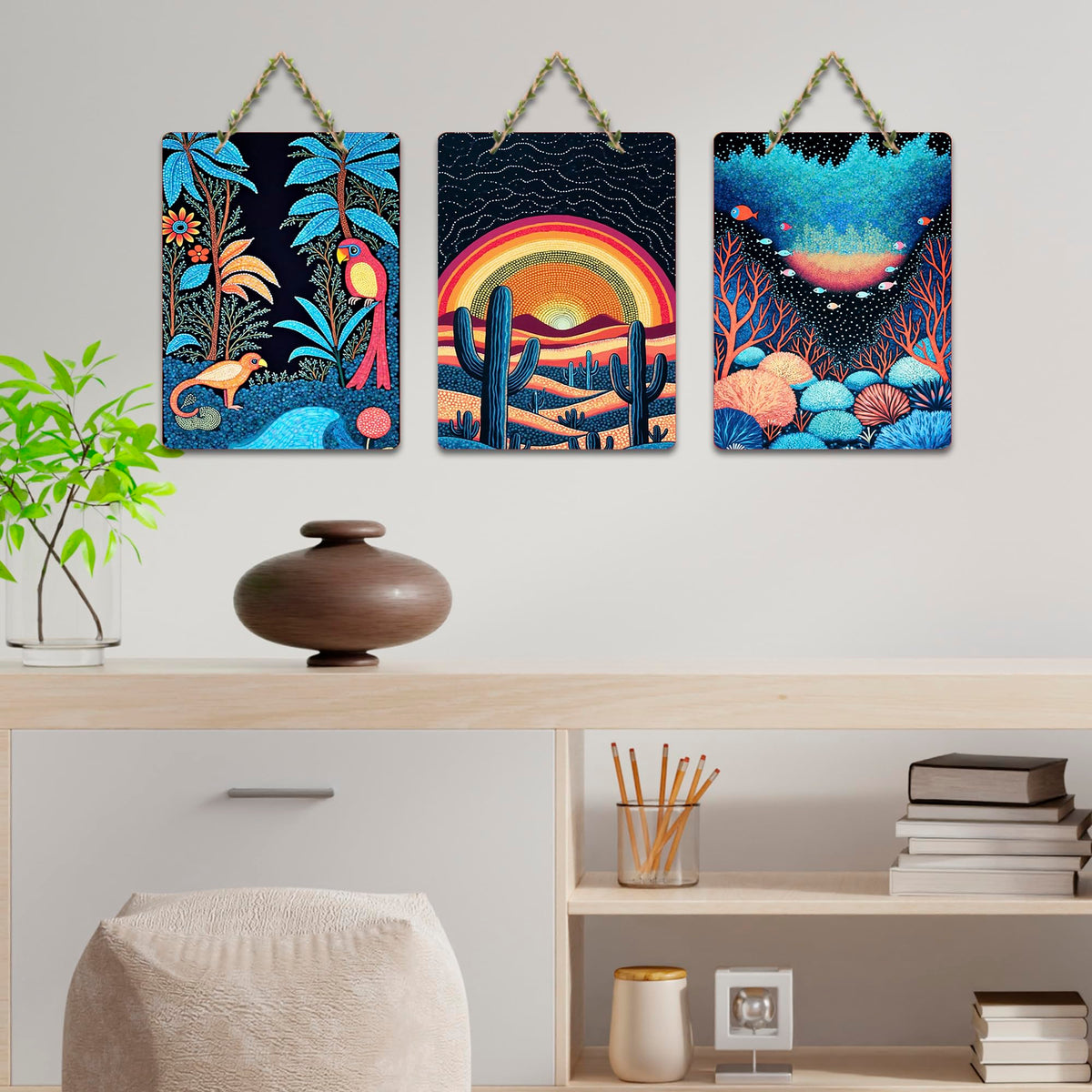 Artvibes Colorful Nature Decoration Decorative Wall Hanging Ornaments | Living Room | Office | Wall Art Painting For Hall | Graphic Artwork | Wall Art Print | Unique Gift Items (WH_9612N), Set of 3
