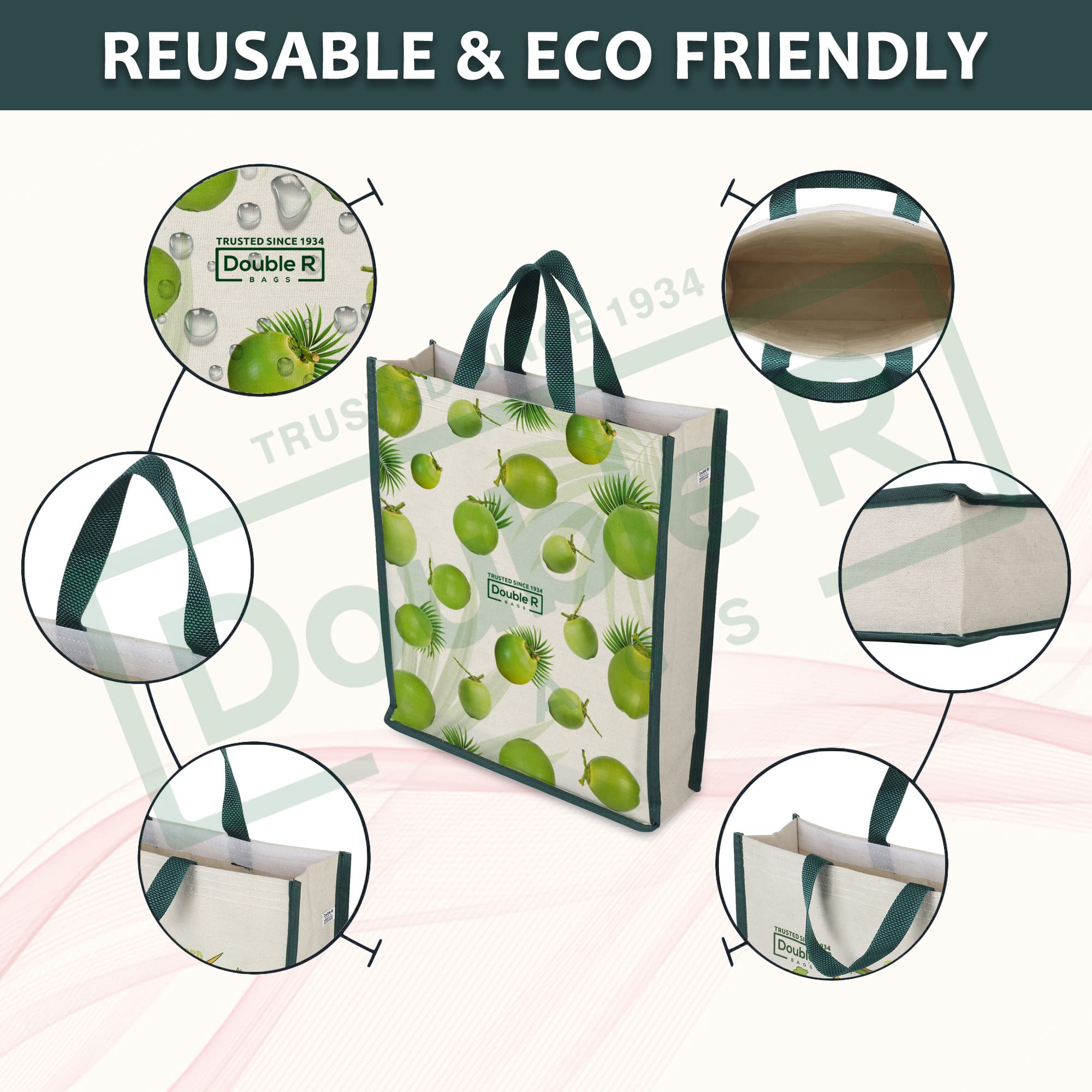 DOUBLE R BAGS Unisex Big Eco Cotton Canvas Shopping Bag for Grocery, Milk, Fruits & Vegetables | Reusable Jhola Tote with Reinforced Handles | Multi Print, 34x9.5x39.5 cm, 1 Compartment (Pack of 4)