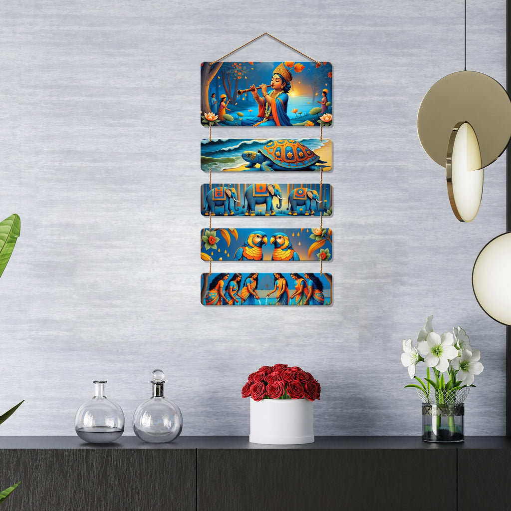 Artvibes Lord Krishna Turtle Elephant & Women Offering Prayers Wall And Door Hanging for Home | Spiritual Decor Items | Wall Poster | Artwork| Stylish Modern Decor Item | Gift Items (WH_6728N)