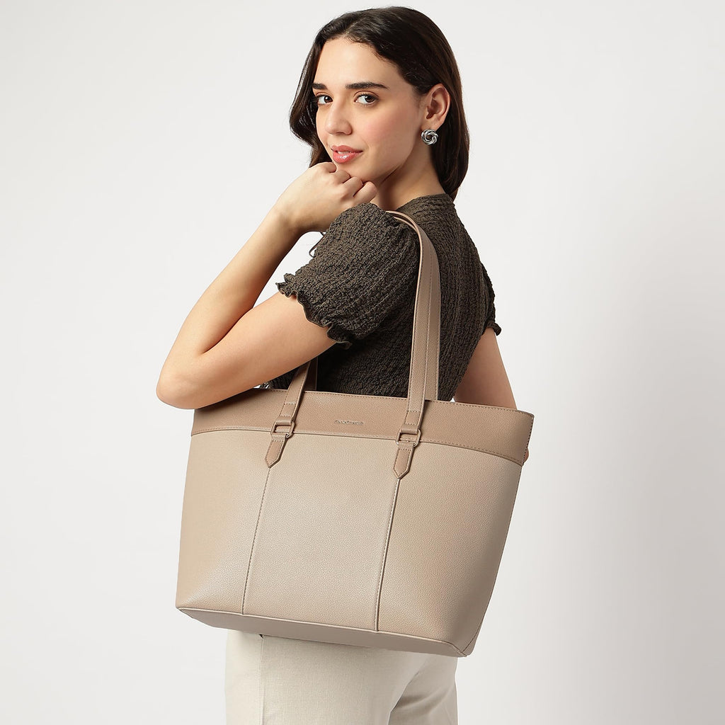 Fastrack Women Croco Core Laptop Tote Bag,Faux Leather Shoulder Bag,Fits 15-Inch Laptop,Organised Office Bag With Zip Pockets,Work & College Bag Beige