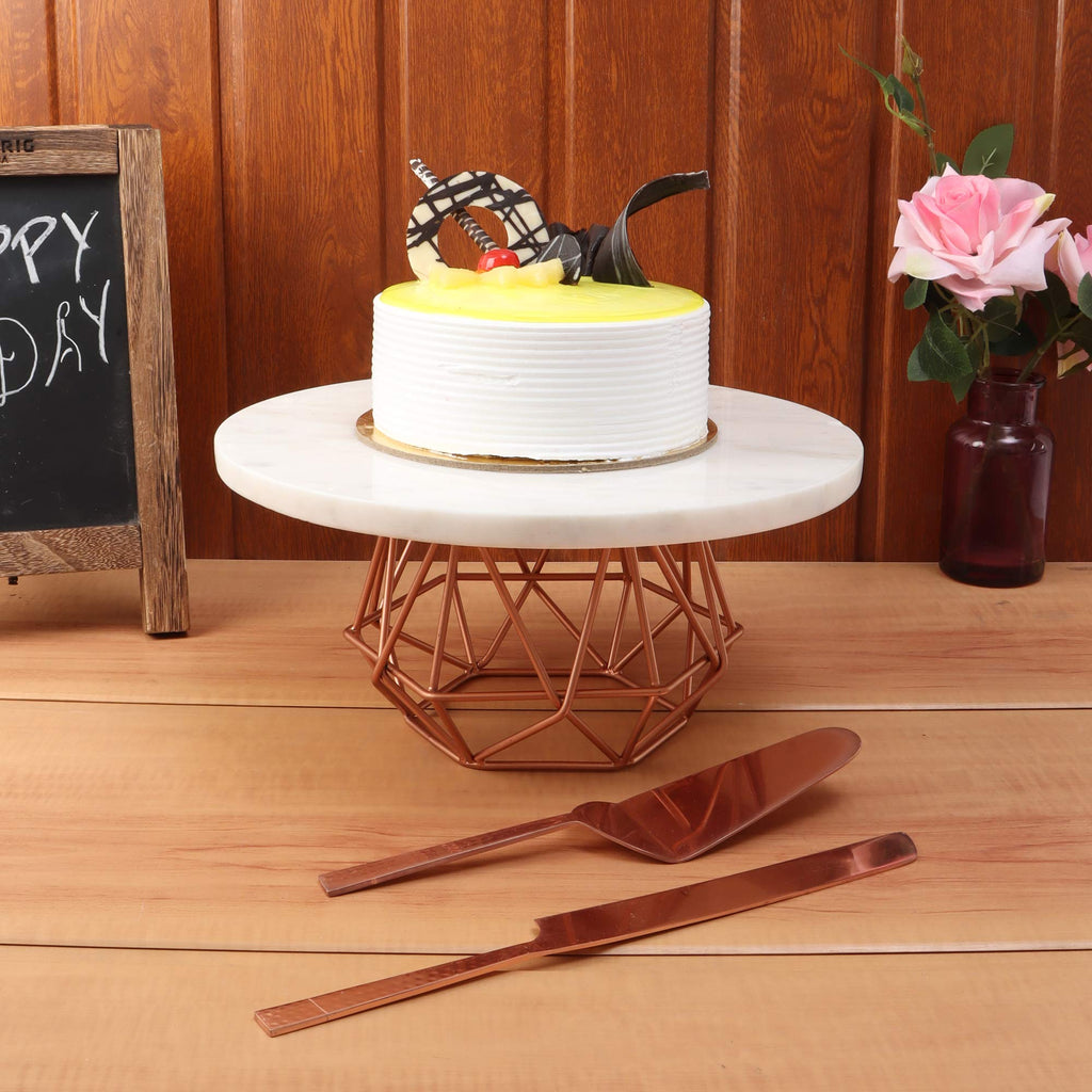 NikkisPride Marble Cake Stand With Copper Finish Metal Base & Plain White Marble Top with Cake Cutlery Pieces Set of 3