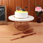 NikkisPride Marble Cake Stand With Copper Finish Metal Base & Plain White Marble Top with Cake Cutlery Pieces Set of 3