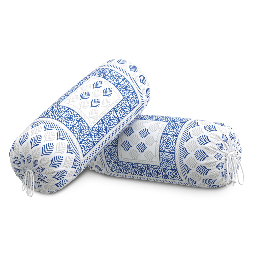 BLOCKS OF INDIA Cotton Hand Block Printed Bolster Cover | Booster Cover with Drawstring | Round Long Pillow Cover for Bed | Dewan Pillow Cover Set 16 X 32 | Set of 2 (Blue Motifs)
