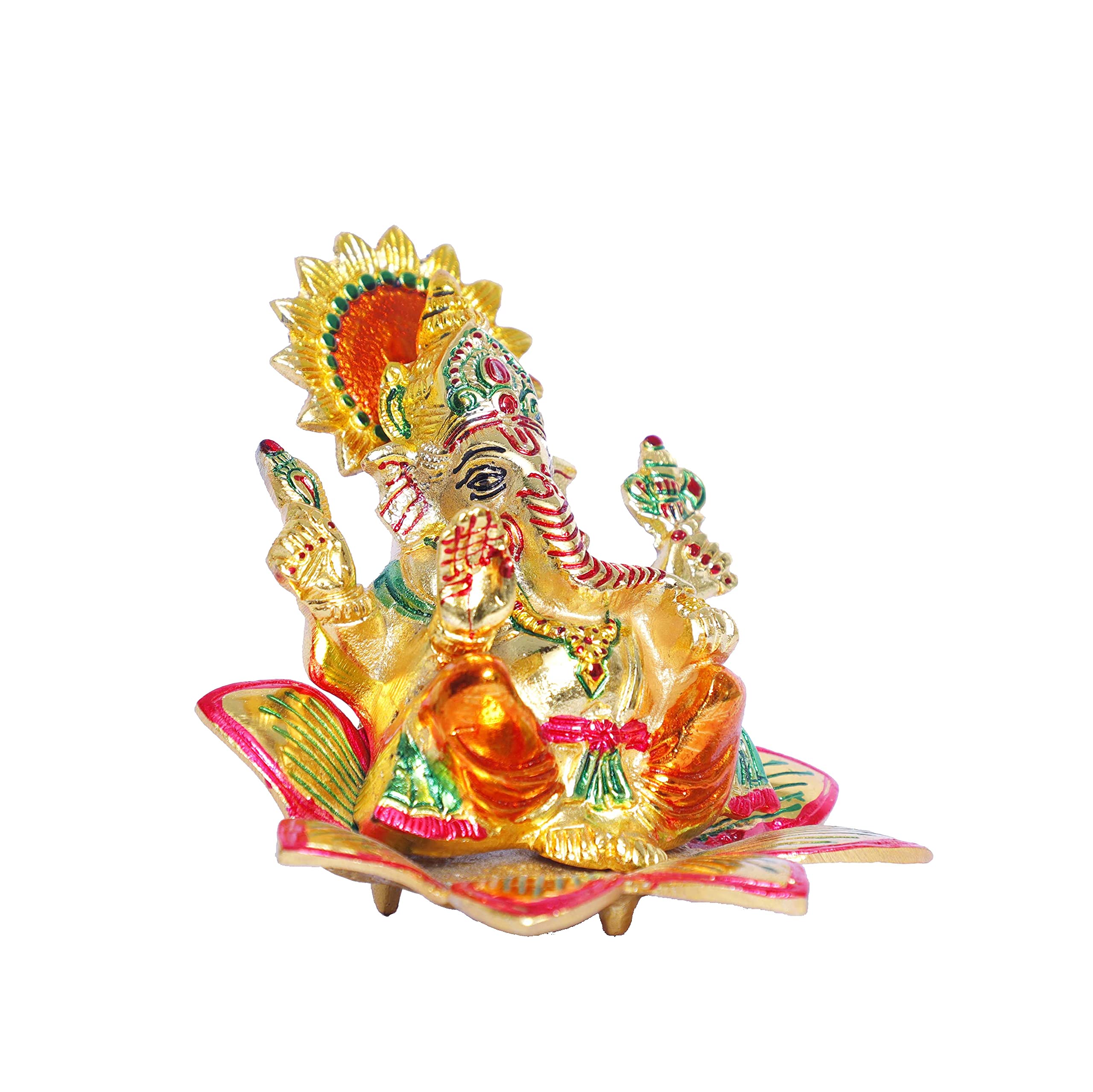 KridayKraft Metal Ganesha Sitting on Flower Multi Color menakari Leaf for Pooja,Home,Office Decorative for Table and Gifts
