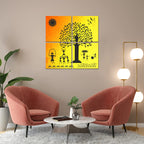 VIBECRAFTS Beautiful Warli Art Village 4 Pieces Canvas Wall Hanging Painting Fitted With Wooden Frame For Home | Office | Living Room | Gifts (PTVC4Pcs5_16603)