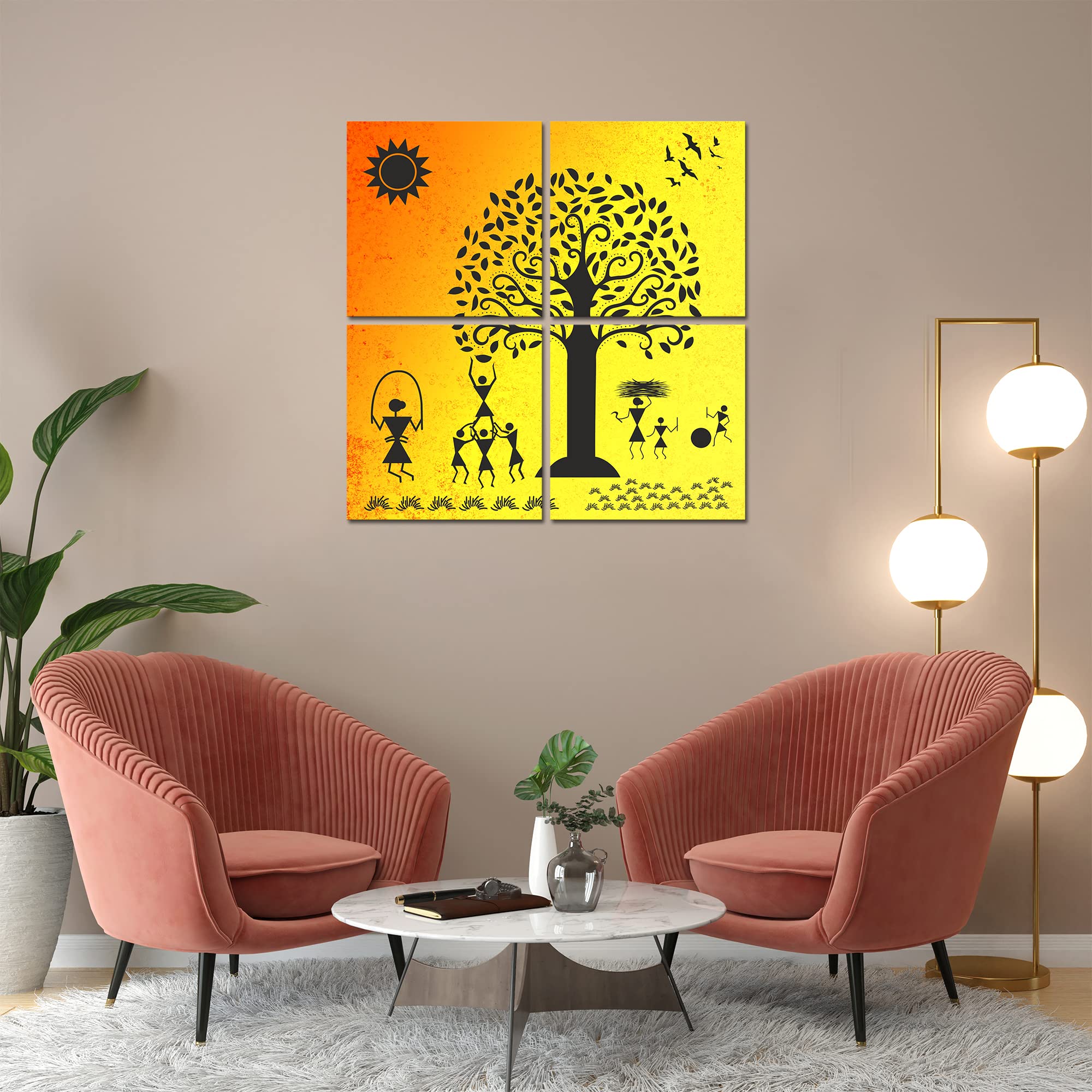 VIBECRAFTS Beautiful Warli Art Village 4 Pieces Canvas Wall Hanging Painting Fitted With Wooden Frame For Home | Office | Living Room | Gifts (PTVC4Pcs5_16603)