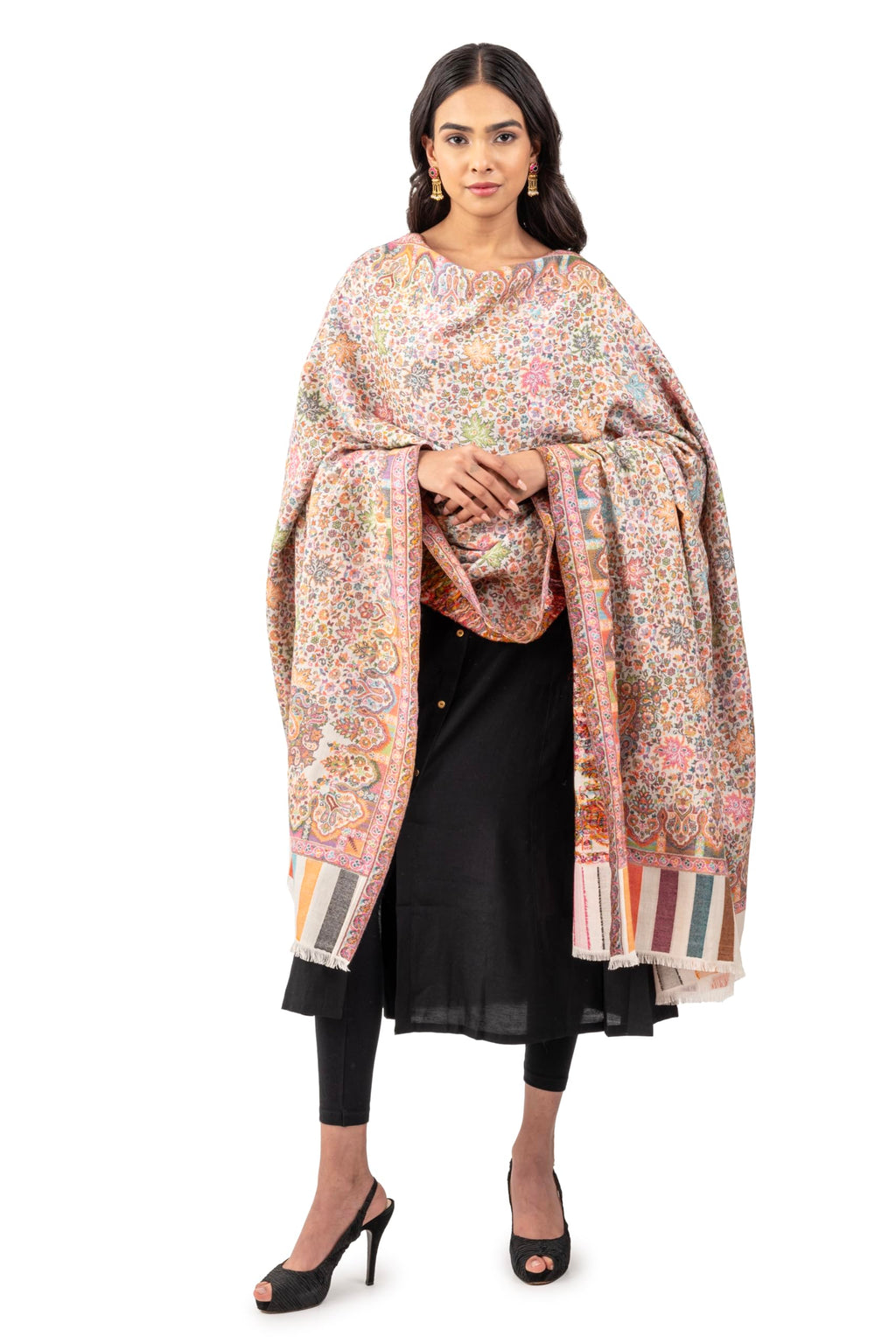 Naureen Women Pashmina Blend Kani Shawl with Floral Artwork, Warm and Soft, 40x80 inch