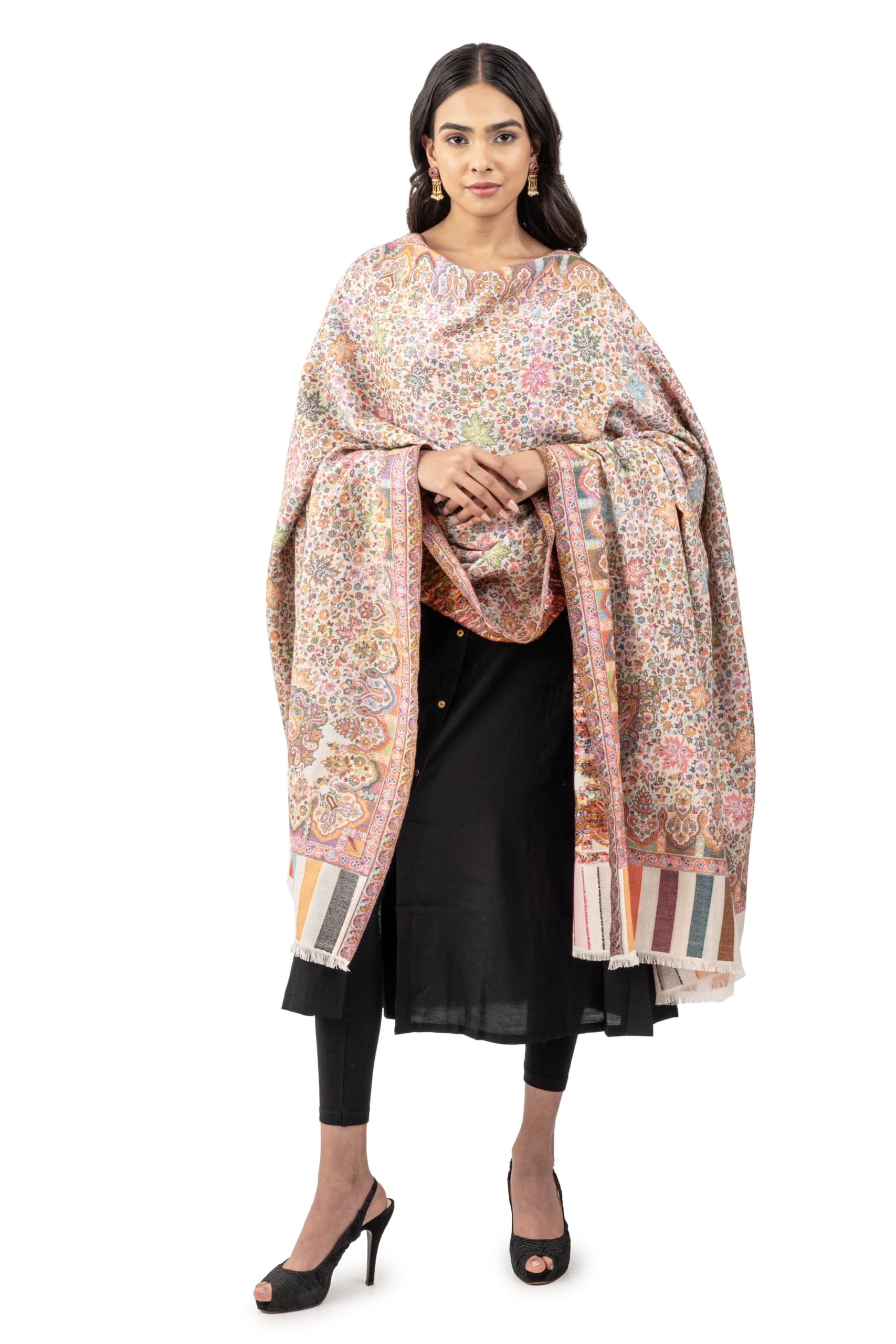 Naureen Women Pashmina Blend Kani Shawl with Floral Artwork, Warm and Soft, 40x80 inch