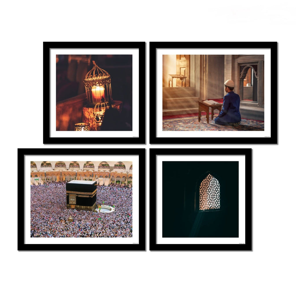 VIBECRAFTS Muslim Pilgrimage Praying & Kaaba 4 Pieces For Office Digital Reprint Posters with Synthetic Wooden Frame Home, Office Decorative Gift Item(15 inch x 12 inch)(PFVC4Pcs3_1503)