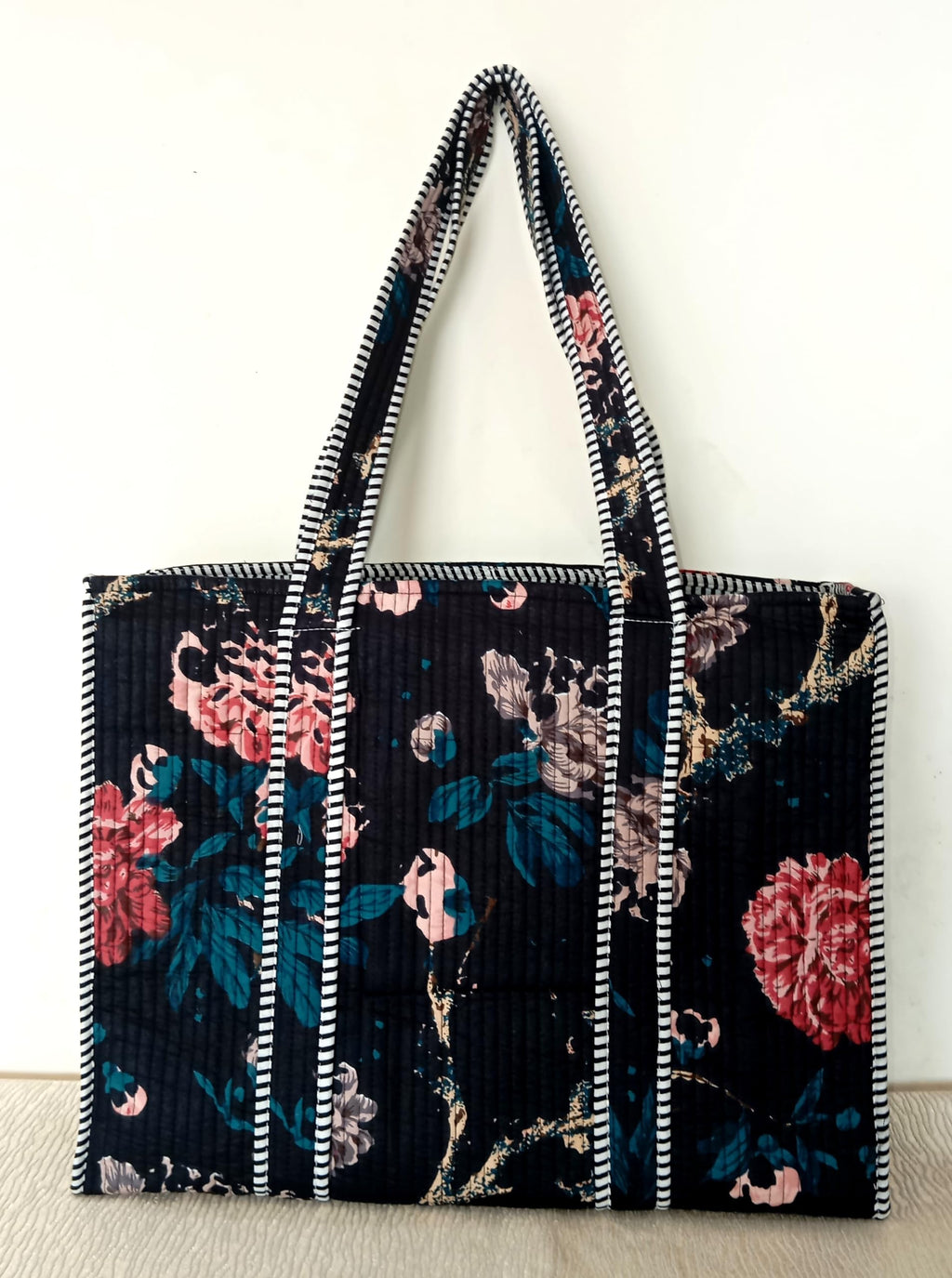 Cotton Tote bag for Women | Shoulder Bag | Durable Shopping bag | Reusable Grocery Bags | Eco friendly Bags| Handmade Cotton Bag | Stylish Quilted handBag |Vegan Tote Bag (Black MULTI)