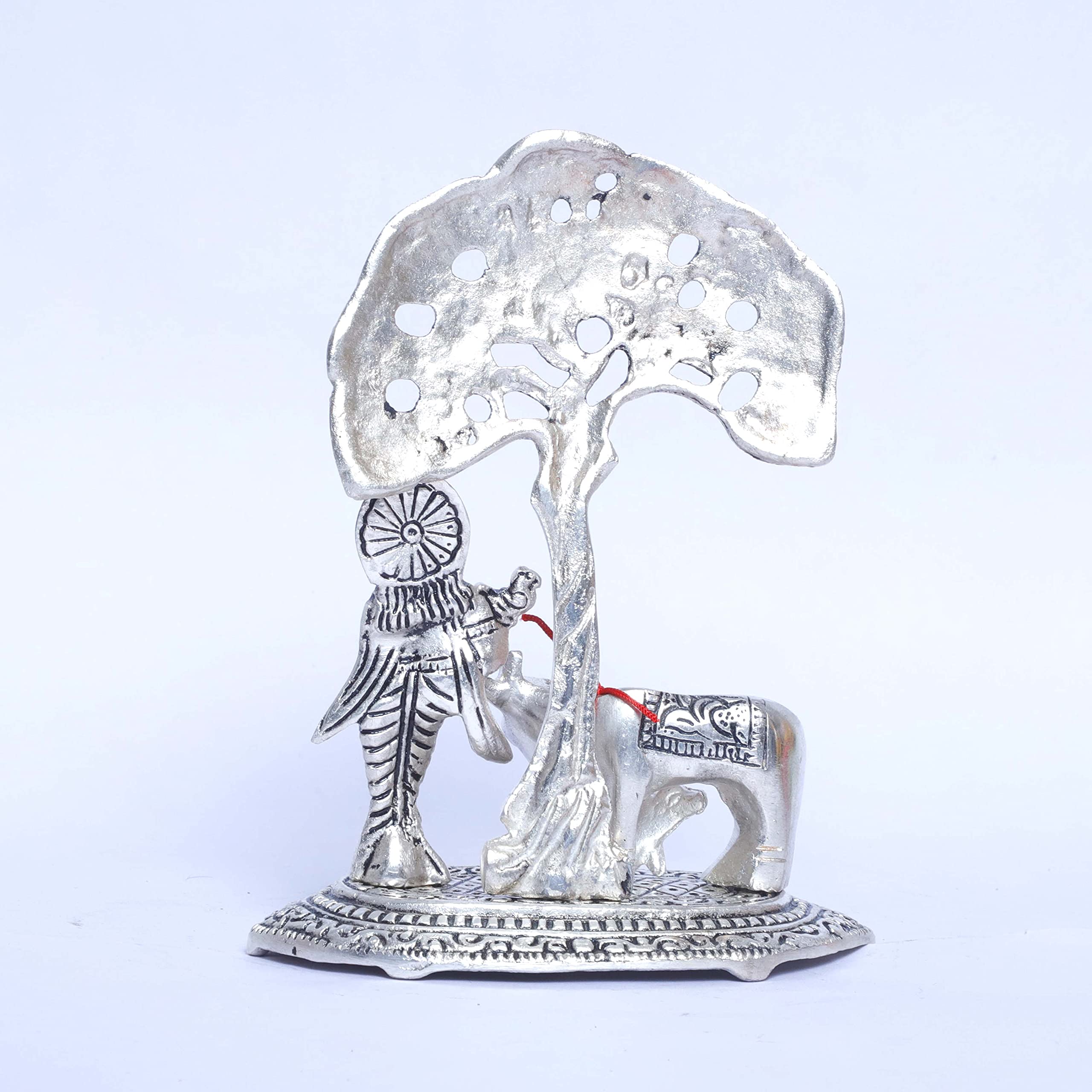 Prince Home Decor & Gifts Aluminum Metal Silver Plating Krishna with Cow Standing Under Tree playing Flute Statue (Silver, 12 x 8 x 17 cm)