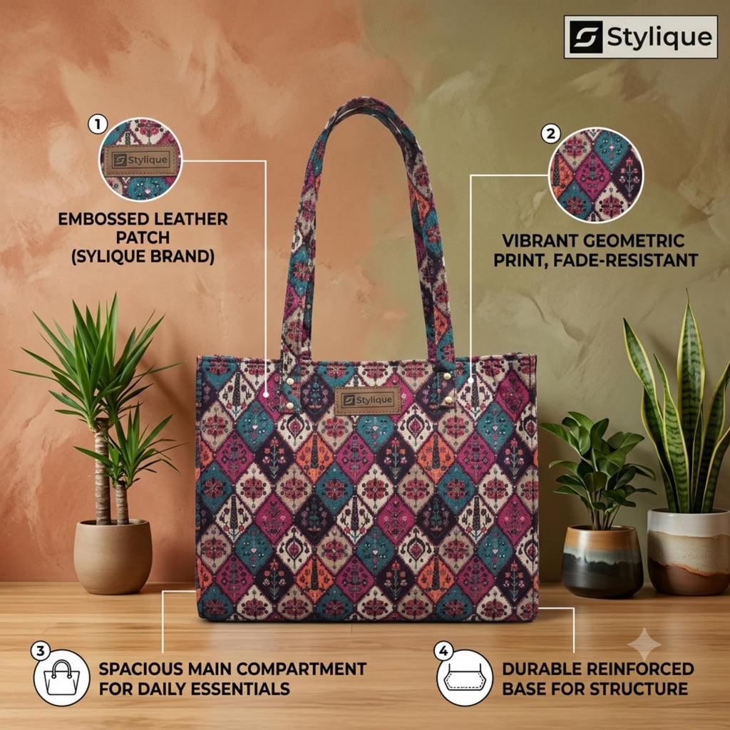Stylique Women's Jute Tote Bag with Zip Closure — Large Laptop Handbag for Office, College & Travel | Eco-Friendly Cotton Canvas Shoulder Bag