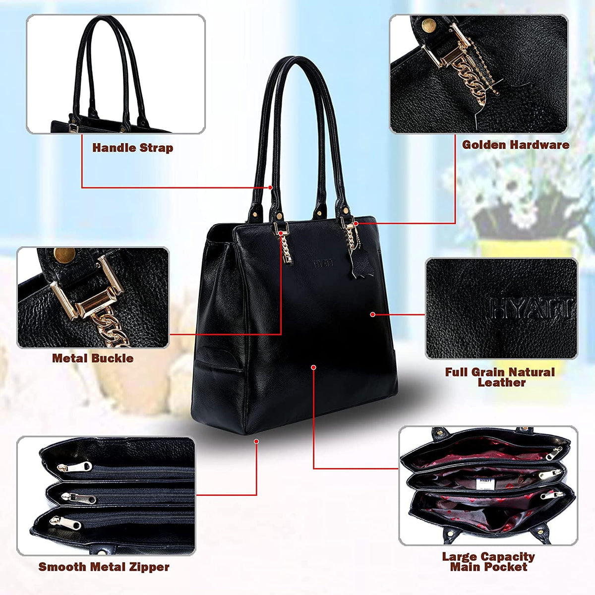 HYATT Leather Accessories Full Grain Natural Leather Top Handle Tote Handbags & Shoulder Bags For Women Office (Dimension- L-14 X H-12 X W- 5 Inch, Weight- 0.7 Kg - Black)