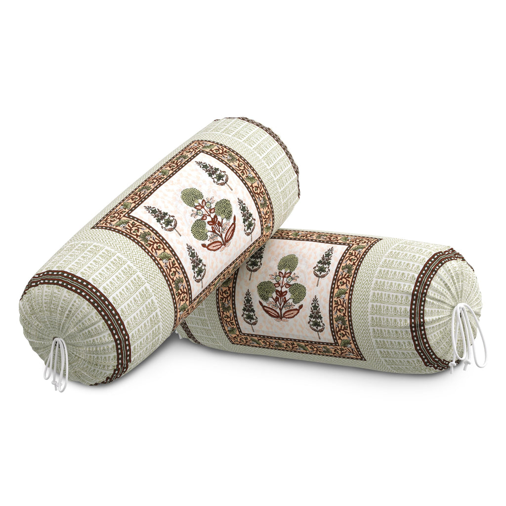 BLOCKS OF INDIA Cotton Hand Block Printed Bolster Cover | Booster Cover with Drawstring | Round Long Pillow Cover for Bed | Dewan Pillow Cover Set 16 X 32 | Set of 2 (Color 26)