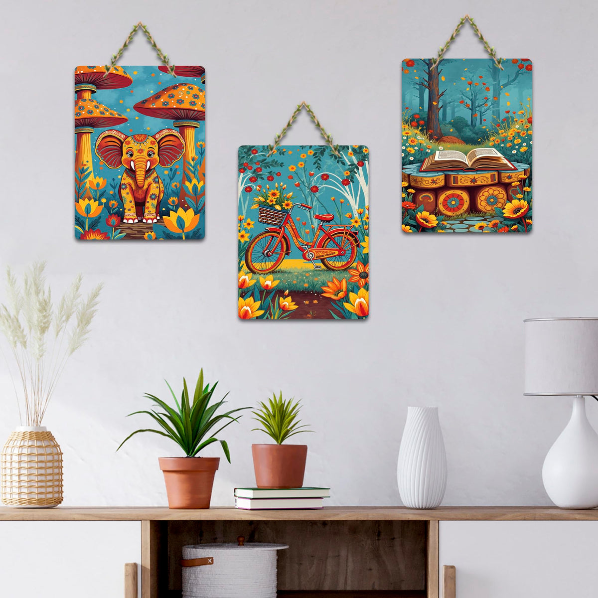Artvibes Cute Little Elephant Bicycle & Book Wall Art Wooden Art Decoration Item for Home | Festive Decor Art | Wall Sculpture | Scenery | Wall Illustrations | Unique Gift Items (WH_9658N), Set of 3