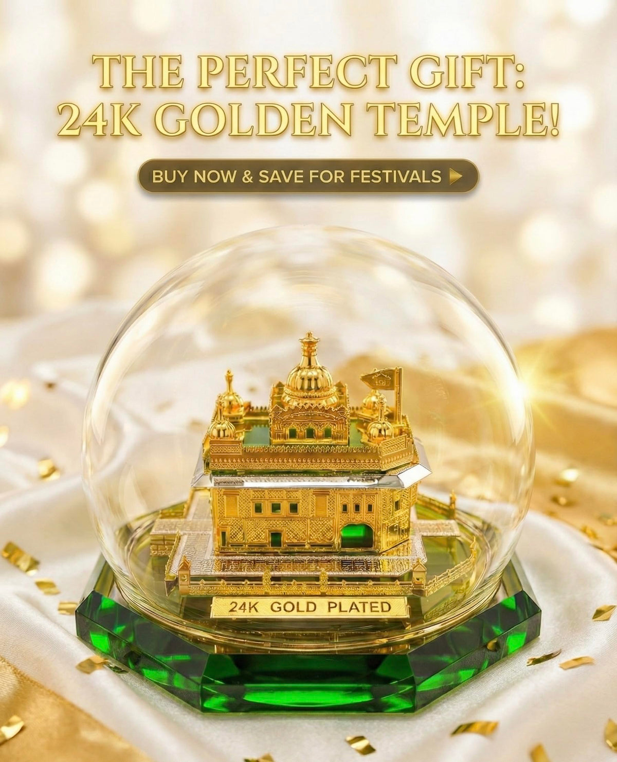 Golden Temple Model with Glass Dome, Decorative Religious Sculpture on Green Crystal Base.