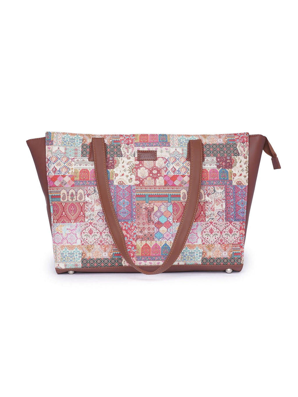 ZOUK Kutch Gamthi Abstract Printed Women Jute Vegan Leather Multicolor Office Tote Bag for Ladies With Laptop Compartment