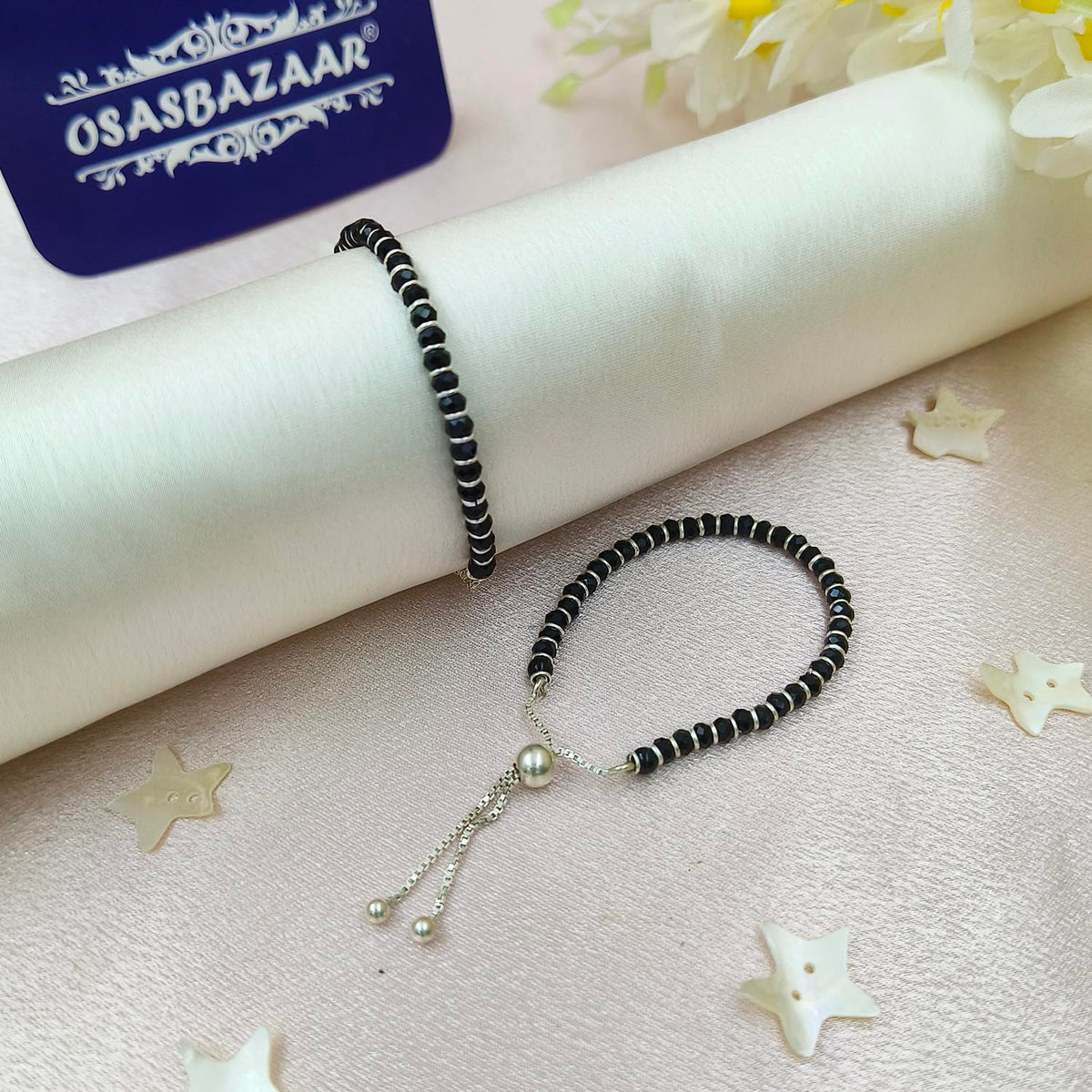Osasbazaar Sterling Silver Nazariya Kadli Bracelet Adjustable for Boys, Girls, Children, Baby (Black) - 90%-92.5% Purity Cerified