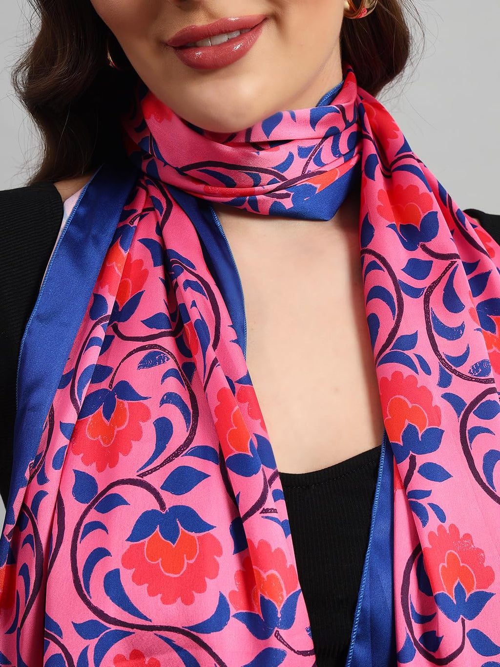 Ravaiyaa - Attitude is everything Women Lightweight Printed 100% Satin Silk Scarf Stoles Breathable Neckerchief Head Beach Wrap Scarves (Pink Blue Floral, 70 x 20 Inch)