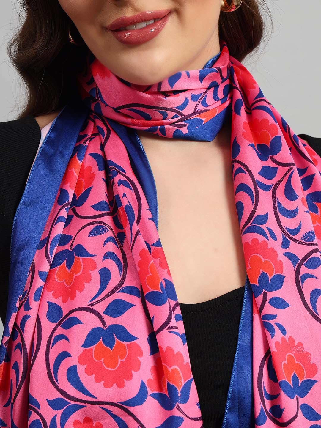 Ravaiyaa - Attitude is everything Women Lightweight Printed 100% Satin Silk Scarf Stoles Breathable Neckerchief Head Beach Wrap Scarves (Pink Blue Floral, 70 x 20 Inch)