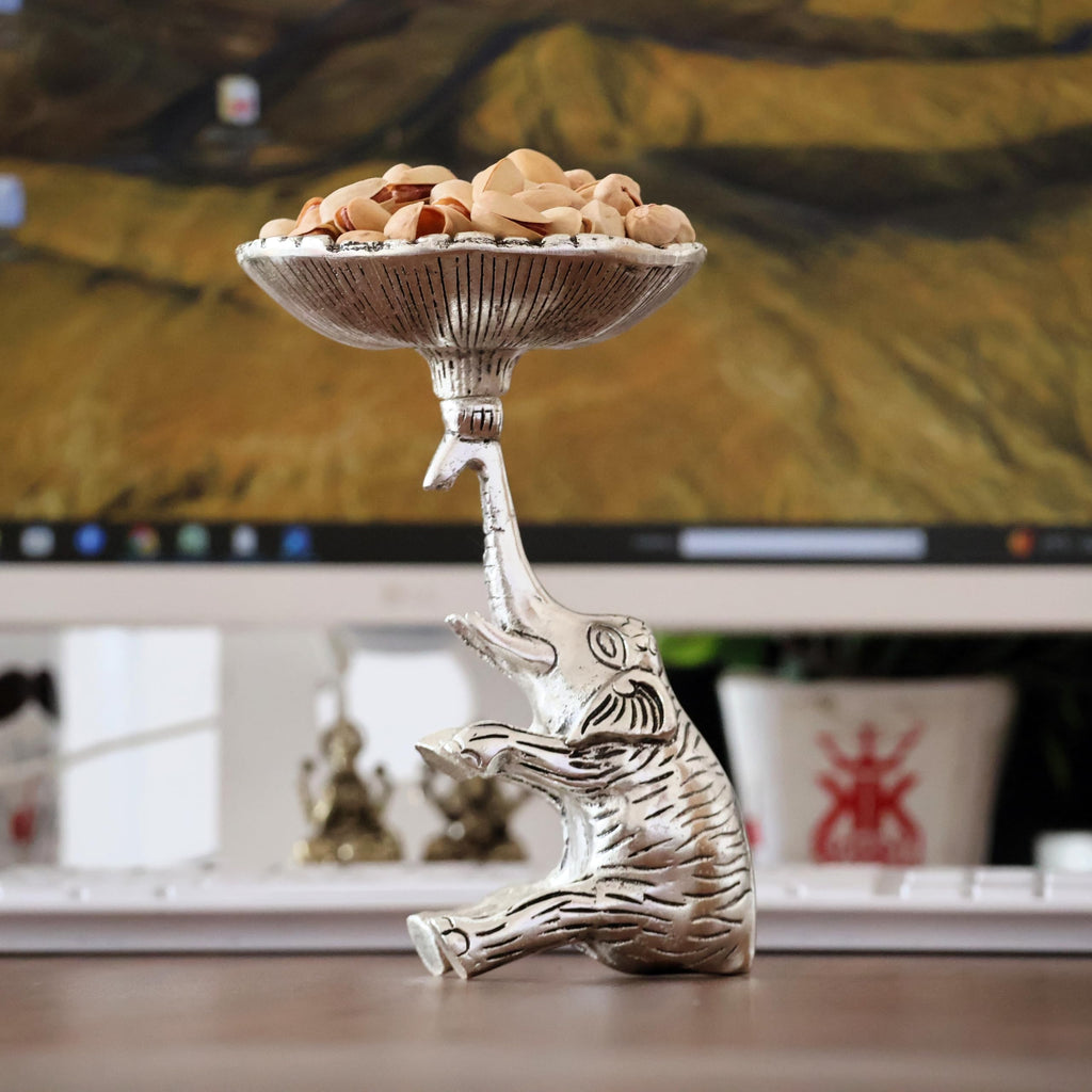 KridayKraft Metal Elephant Dry Fruit Bowl Showpiece Silver Polish for Your Home,Office Table Decorative,Elephant Showpiece Bowl for Gift,Animal Figurines