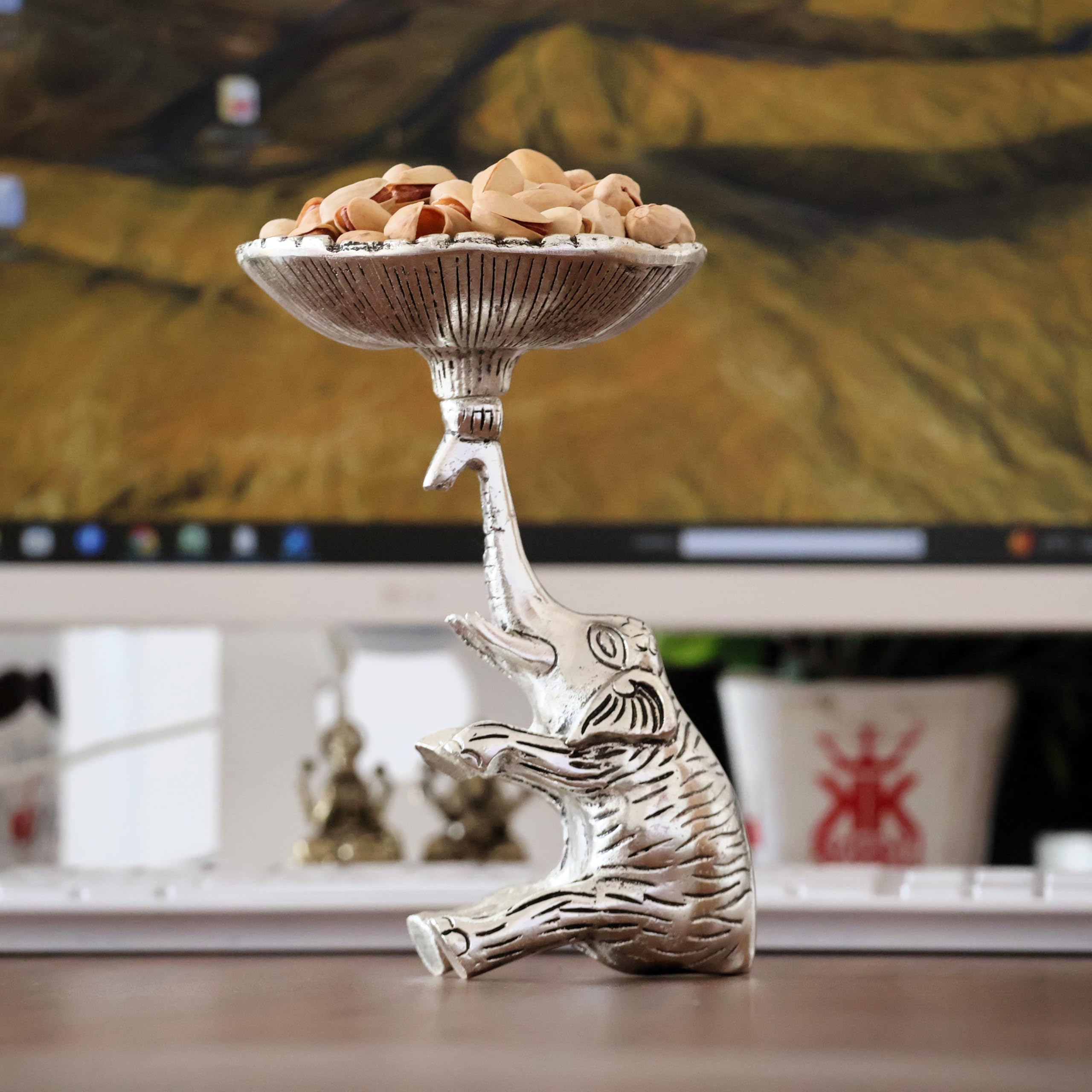 KridayKraft Metal Elephant Dry Fruit Bowl Showpiece Silver Polish for Your Home,Office Table Decorative,Elephant Showpiece Bowl for Gift,Animal Figurines