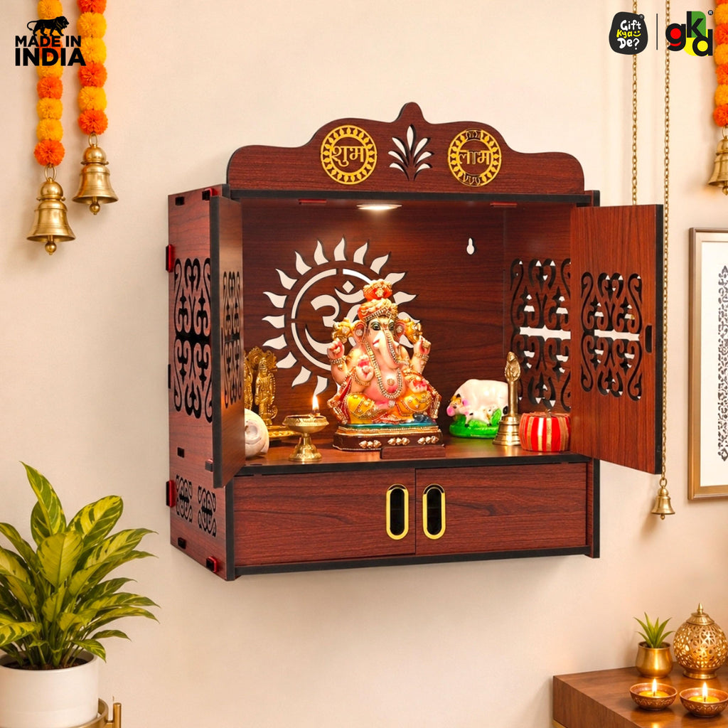 Gift Kya De Wooden DIY Pooja Temple for Home with Door | Pooja mandir with Door Wall Mounted Temple with LED Light | Home Mandir for Puja Room, Living Room & Office | 16 x 14 x 9 Inch