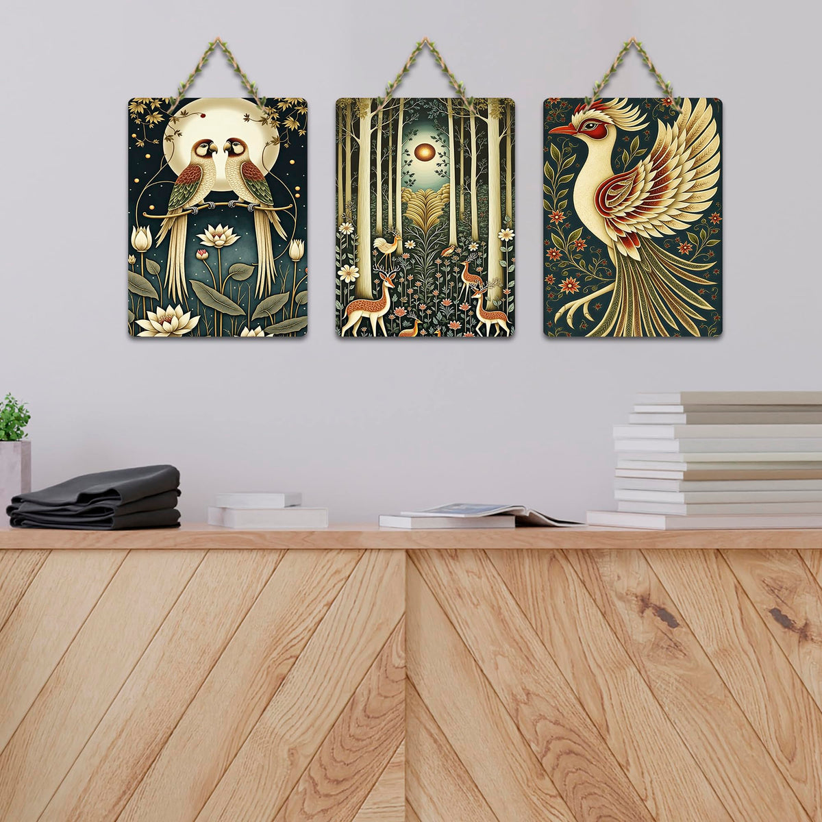 Artvibes Moonlit Love Birds & Mystical Deer Forest Wooden Art Decoration Item for Living Room | Wall Accent | Sceneries | Wall Illustrations | Graphic Artwork | Unique Gift Items (WH_9668N), Set of 3