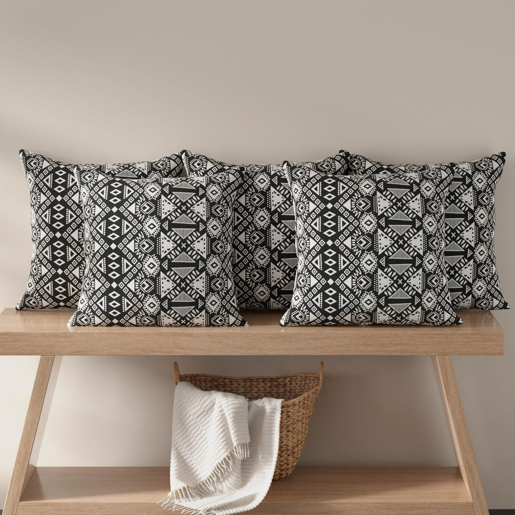 HUESLAND Premium Cotton Cushion Cover 16 x 16 inch Set of 5 | Decorative Throw Pillow Covers for Sofa, Living Room & Bedroom | Geometric Black