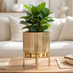 BEHOMA Fluted Gold Metal Planter with Stand