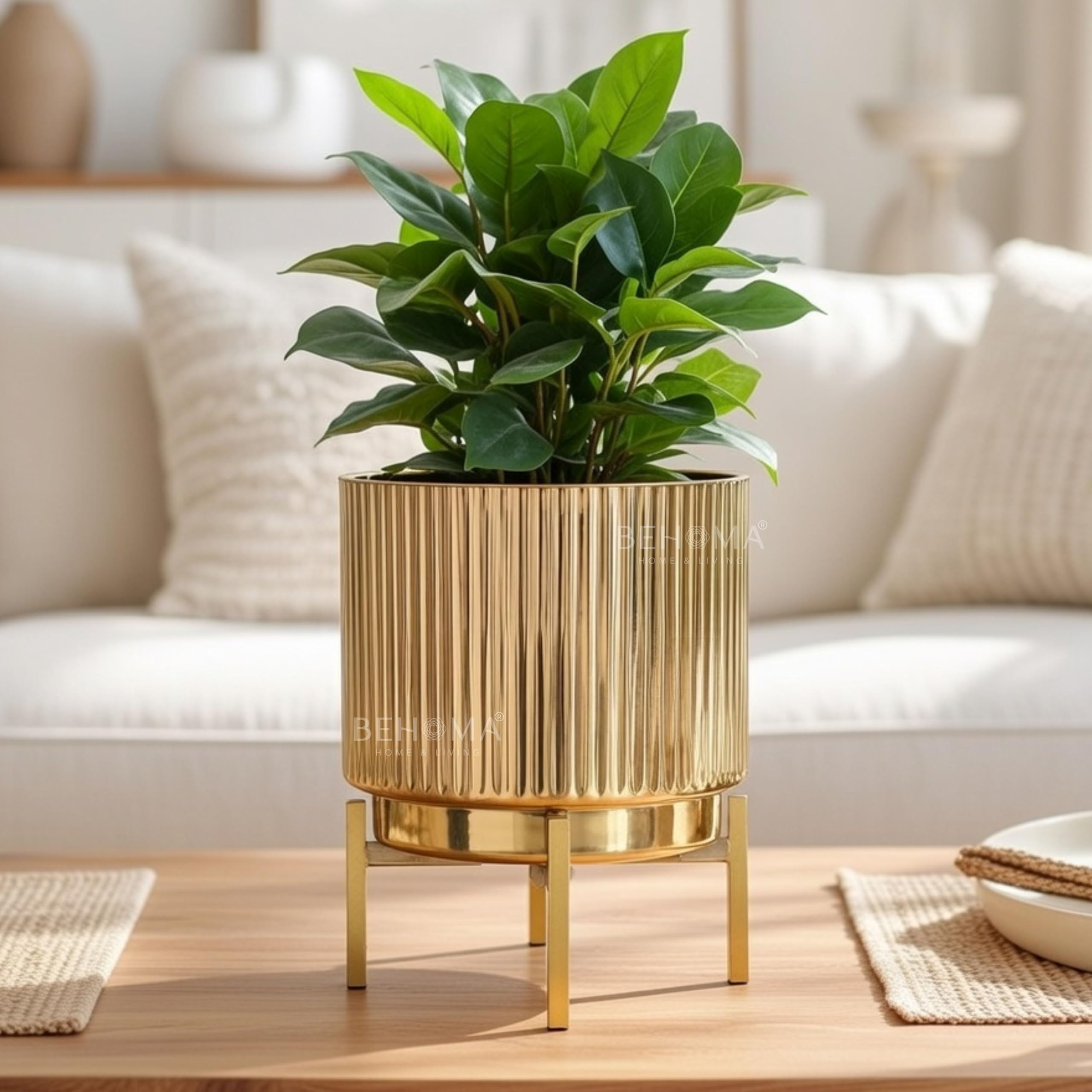 BEHOMA Fluted Gold Metal Planter with Stand