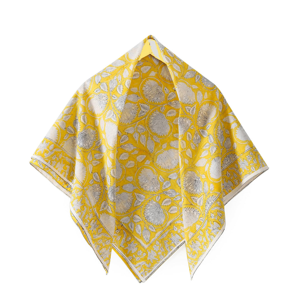 Ravaiyaa - Attitude is everything Sanganer Hand Block Printed Scarves Pure Cotton Scarf Square Hijab Dupatta 40 X 40 Inch (Yellow Lotus Floral)