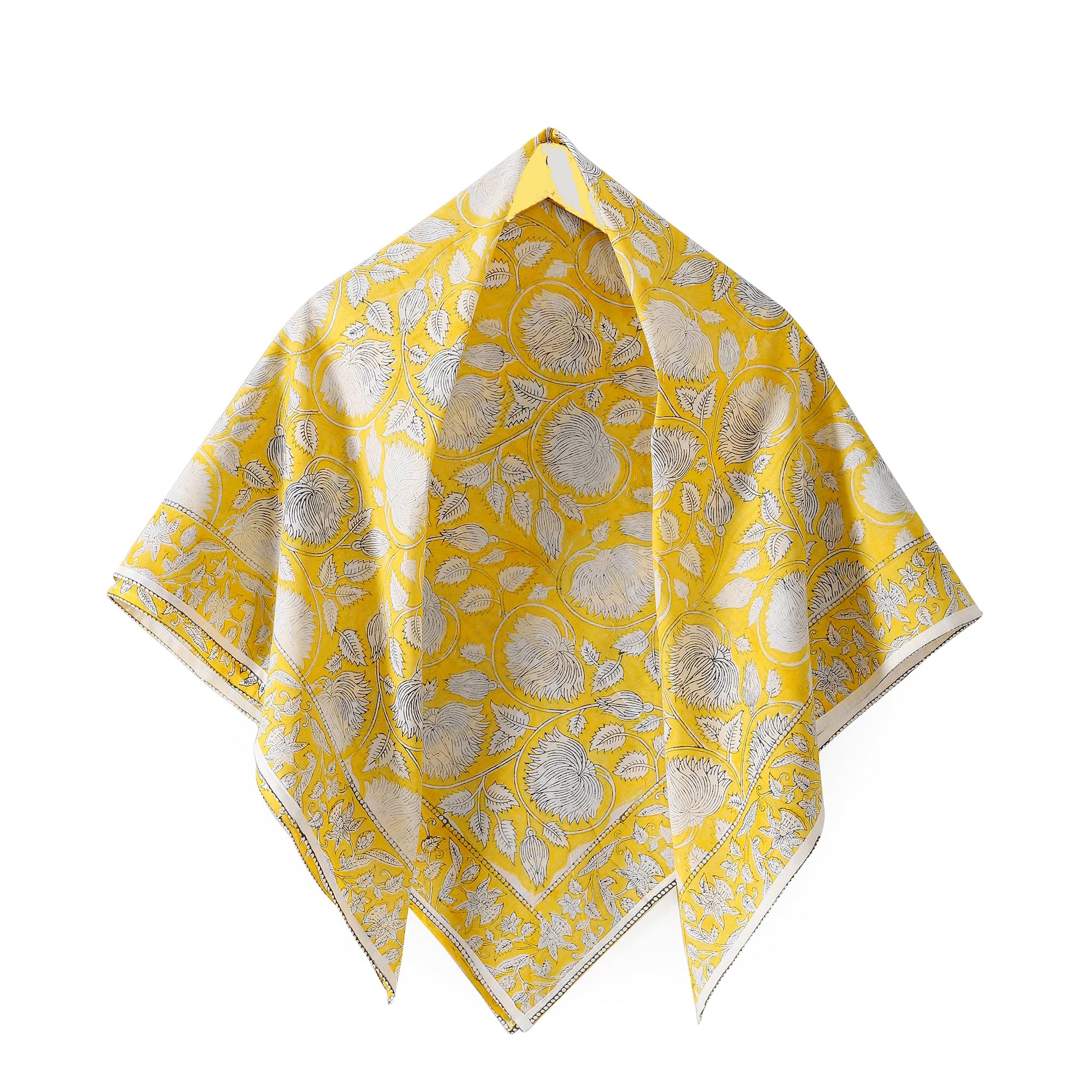 Ravaiyaa - Attitude is everything Sanganer Hand Block Printed Scarves Pure Cotton Scarf Square Hijab Dupatta 40 X 40 Inch (Yellow Lotus Floral)