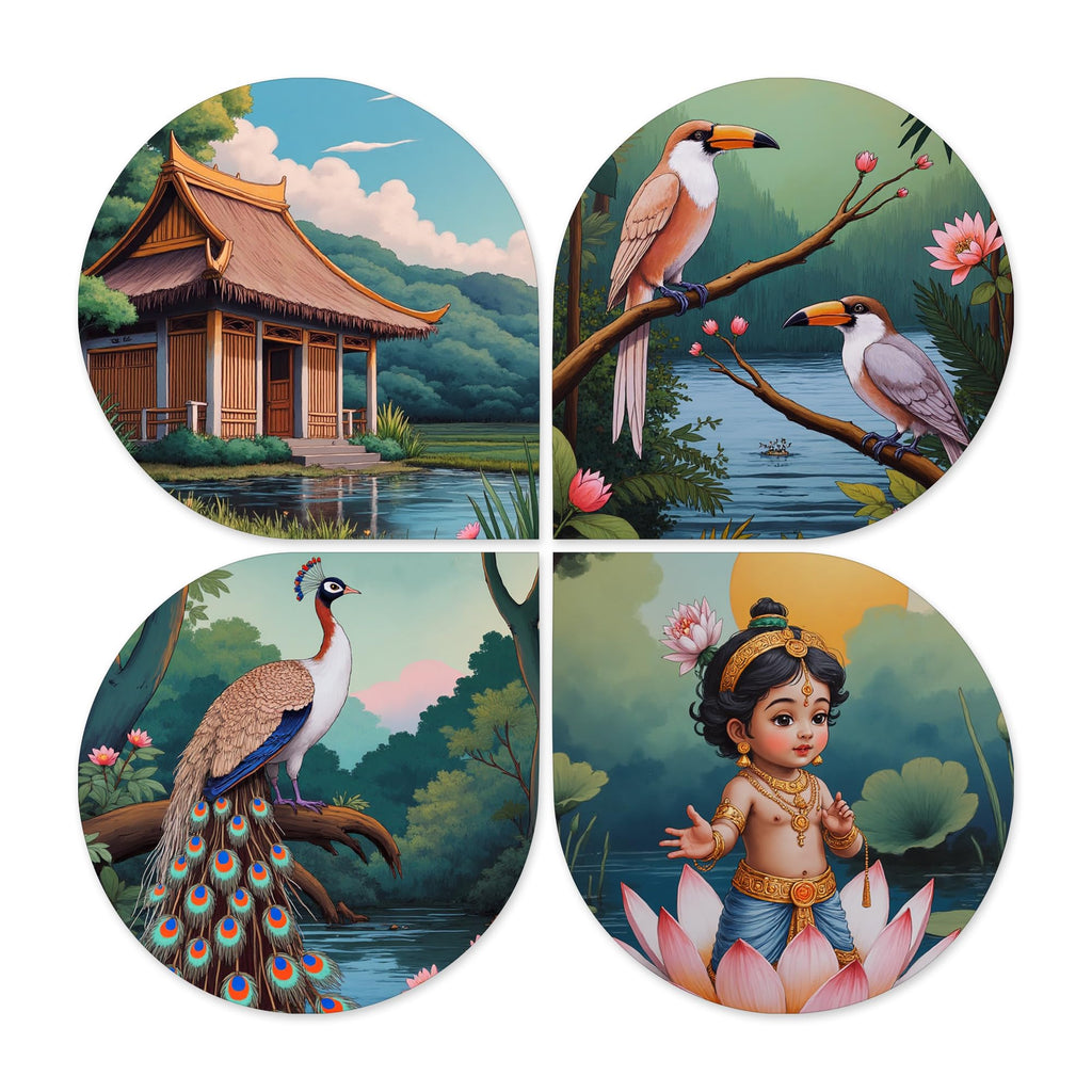 Artvibes Nature Spiritual Wooden Wall Hanger for Home Decor | Graphic Artwork | Door Decoration Items | Paintings For Wall | Wall Art Print | Handcrafted Art | Unique Gift Items (WH_8429N), Set of 4