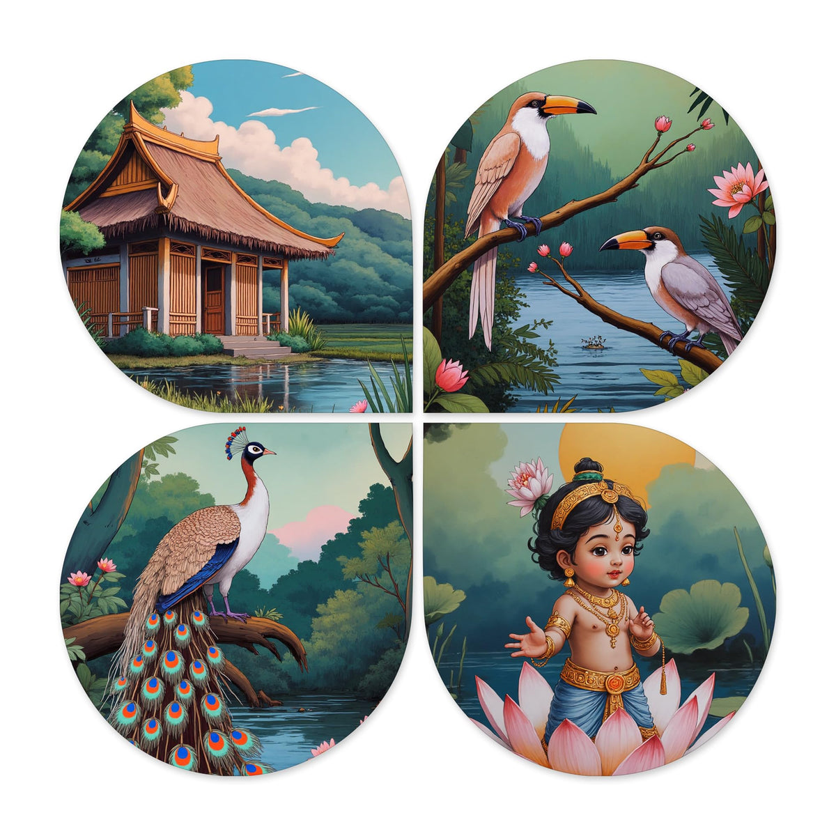 Artvibes Nature Spiritual Wooden Wall Hanger for Home Decor | Graphic Artwork | Door Decoration Items | Paintings For Wall | Wall Art Print | Handcrafted Art | Unique Gift Items (WH_8429N), Set of 4