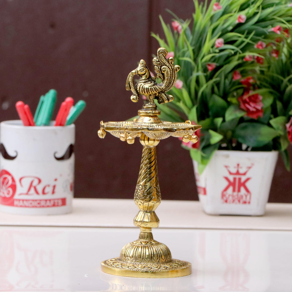 KridayKraft Metal Antique Annapakshi 5 batti Deepak Samai, Peacock Design Diya, vilakku, Deepam, Oil lamp for Temple Pooja | Office & Home Decor