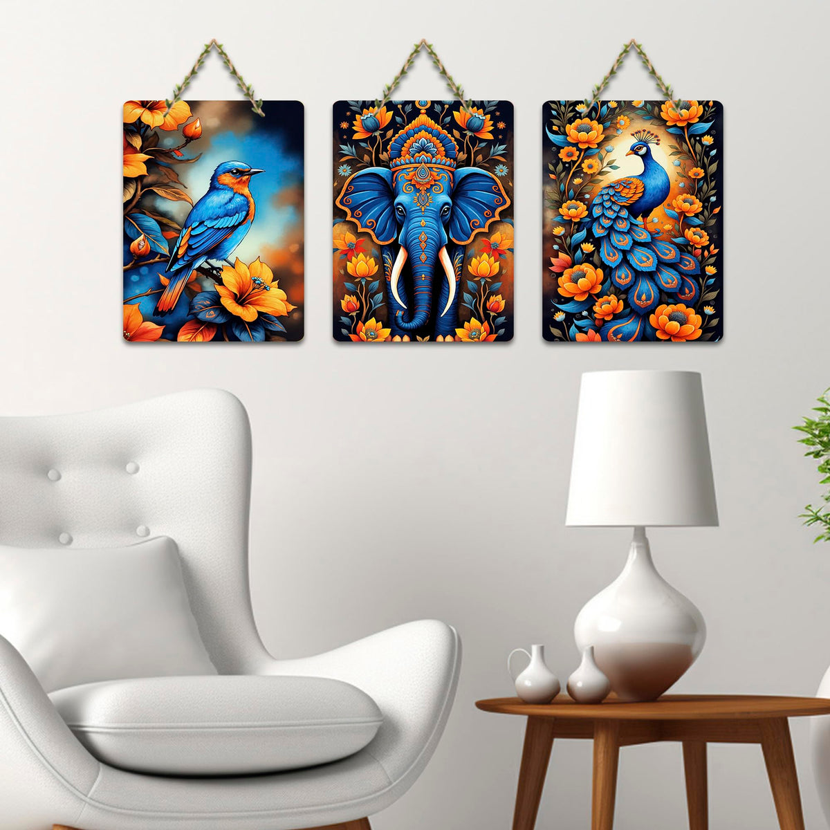 Artvibes Peacock, Birds & Elephant Aesthetic Modern Art Wooden Wall Hanger for Home Decor | Garden Balcony| Stylish Modern Decor Item | Wall Art Print | Unique Gift Items (WH_9620N), Set of 3
