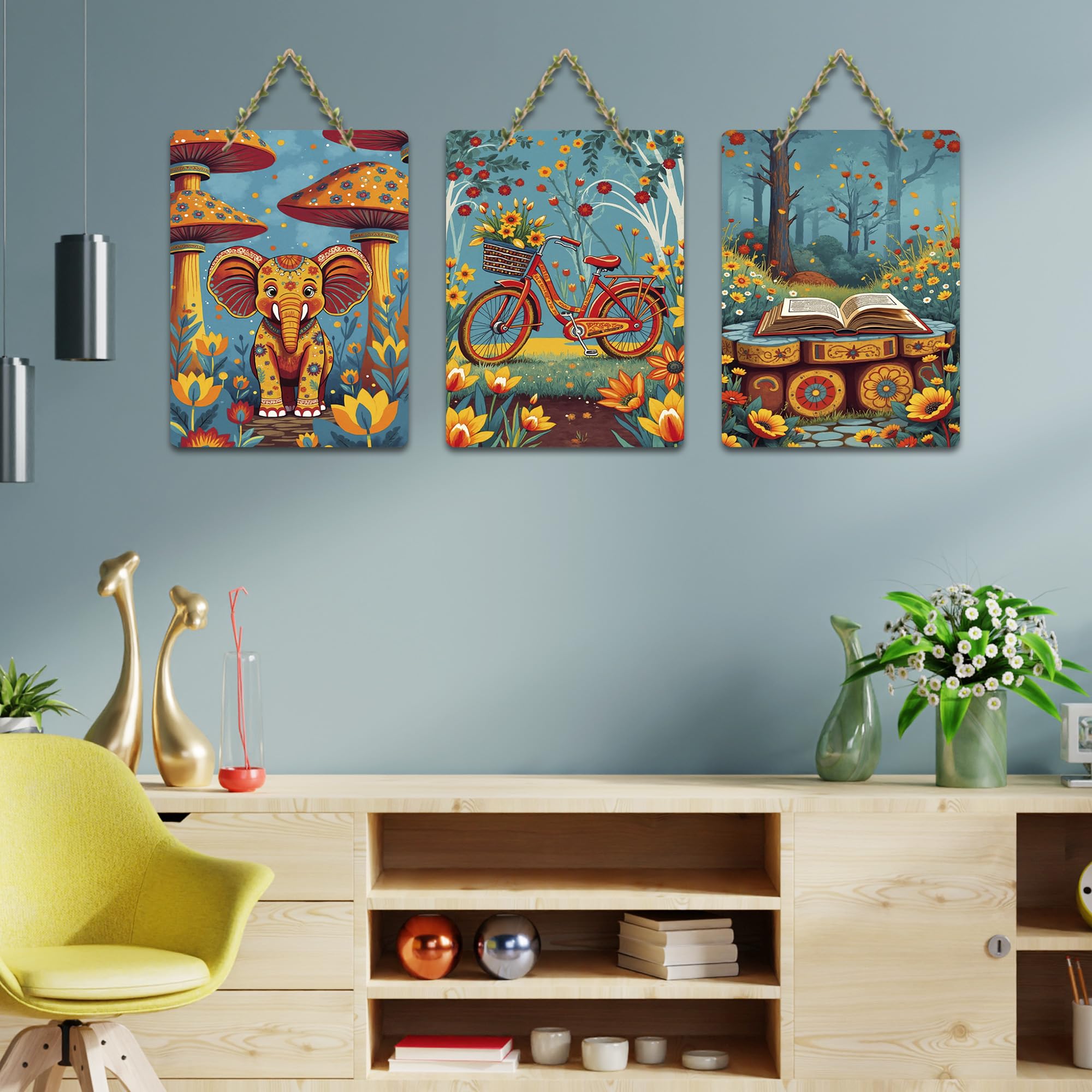 Artvibes Cute Little Elephant Bicycle & Book Wall Art Wooden Art Decoration Item for Home | Festive Decor Art | Wall Sculpture | Scenery | Wall Illustrations | Unique Gift Items (WH_9658N), Set of 3