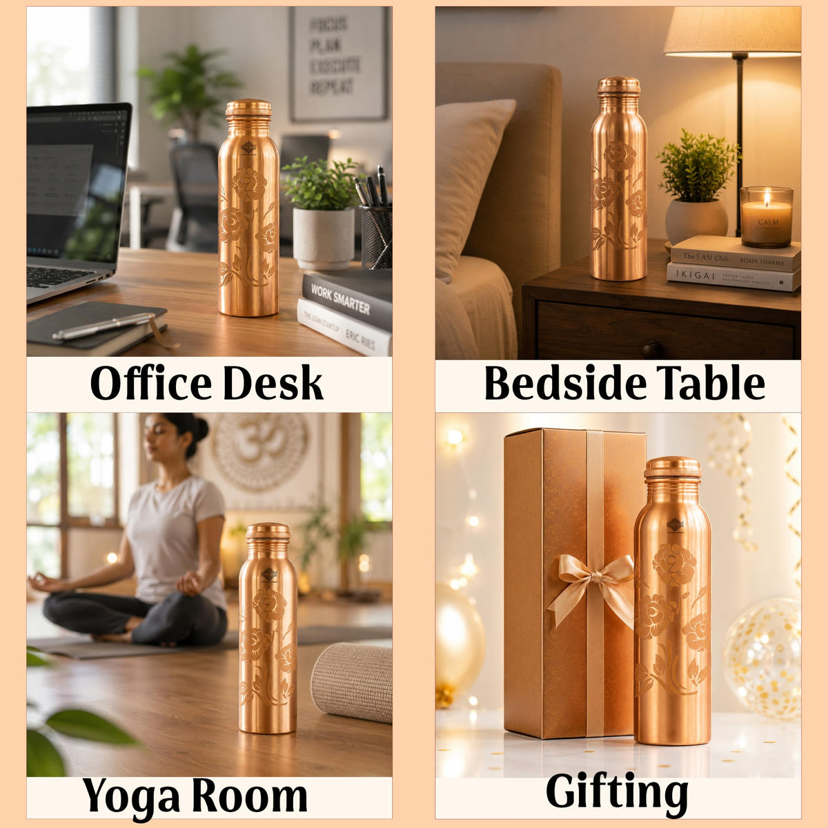 INDIAN ART VILLA Pure Copper Water Bottle With Colour Changing Magical Floral Rose Design, Drinkware & Storage Purpose, Ayurvedic Health Benefits, Volume-900 ml