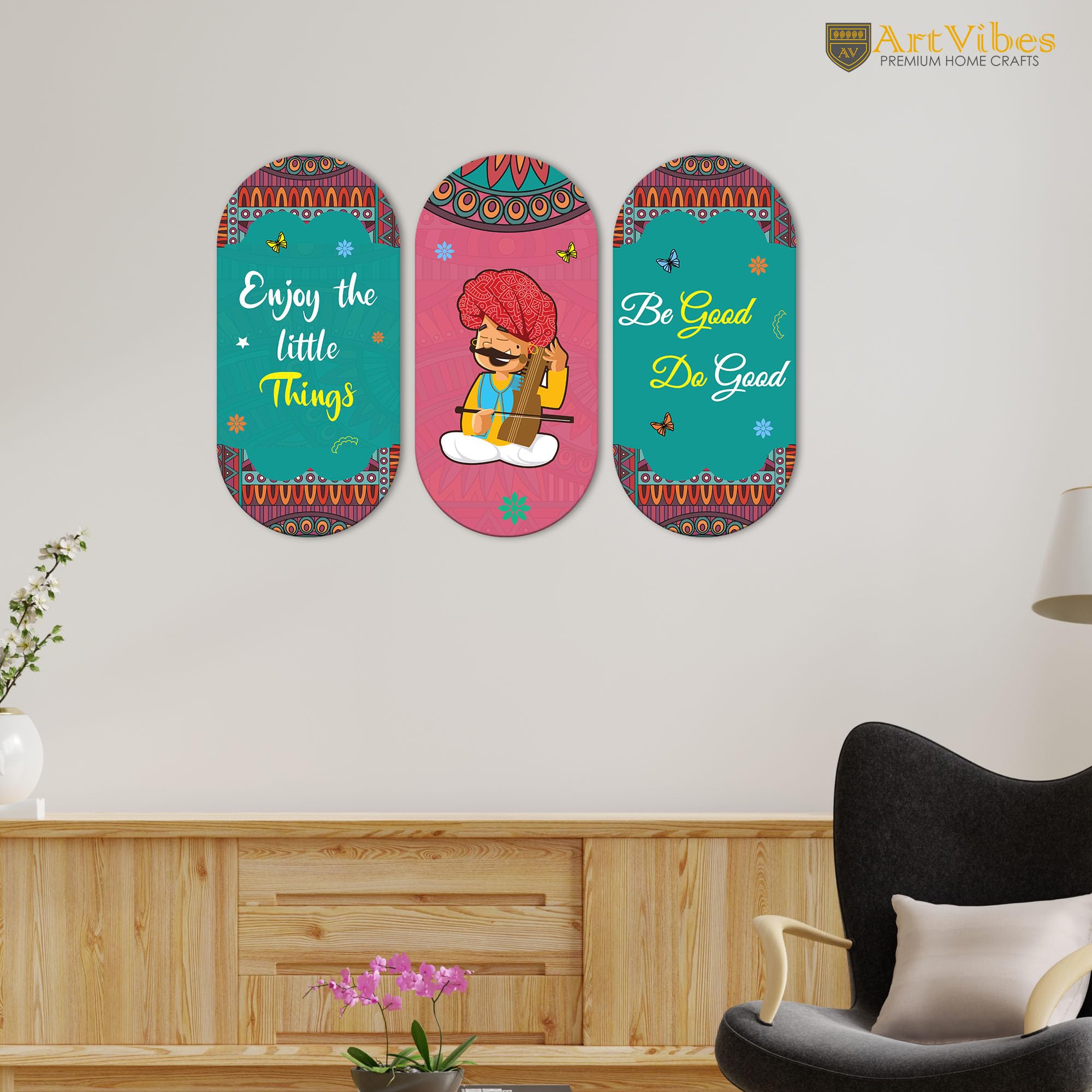 Artvibes Enjoy Little Things Positive Quotes Wooden Wall Hanger for Home | Office | Living Room | Gift | Modern Decoration Items | Kitchen Wall Decor | Artworks (WH_9021N), Set of 3