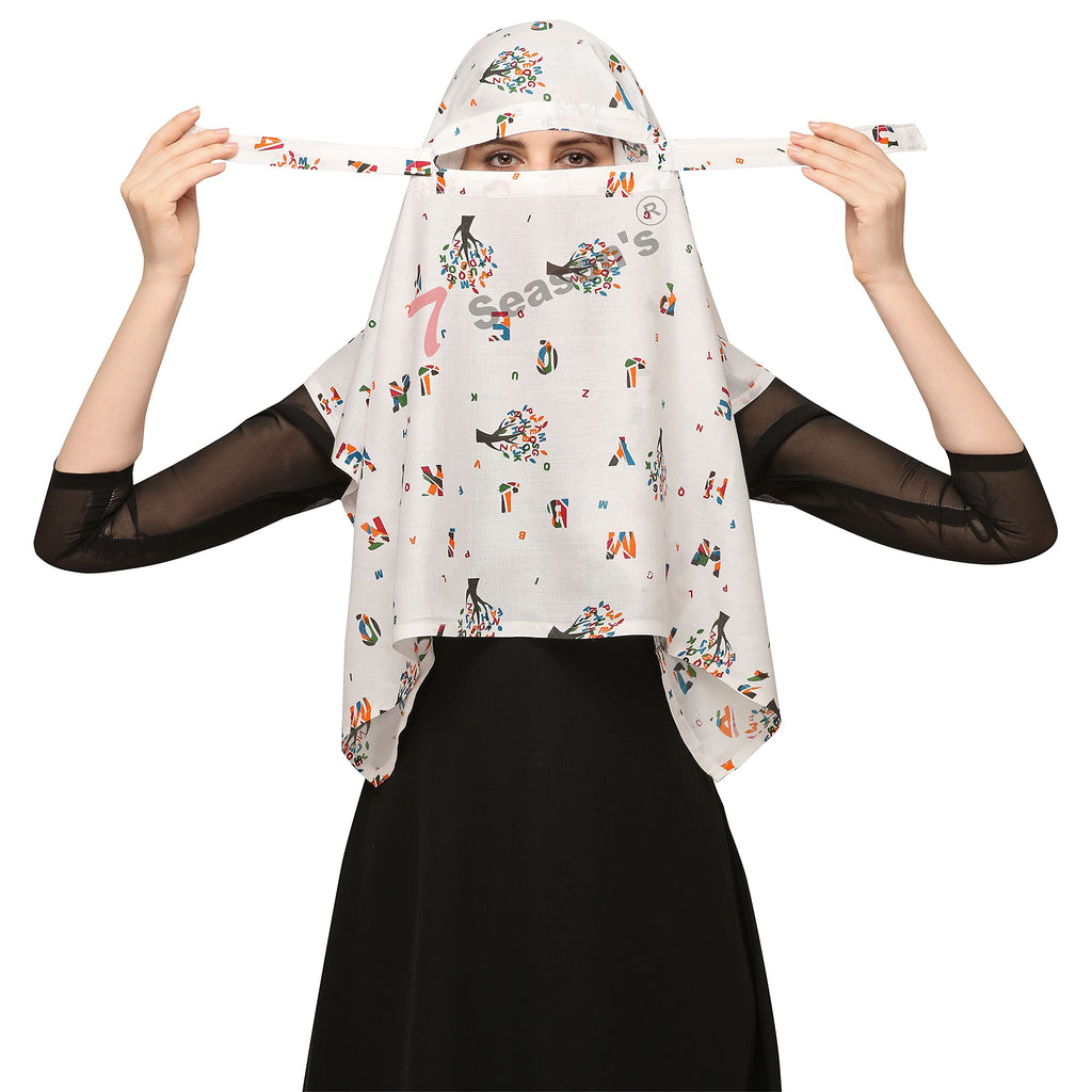 7 season's Girls Cotton Long Scarf Cum Mask With Tie Closer Usable For Vehical Driver White Printed Design Universal Size For Girl & Woman (S_Abcd), Female