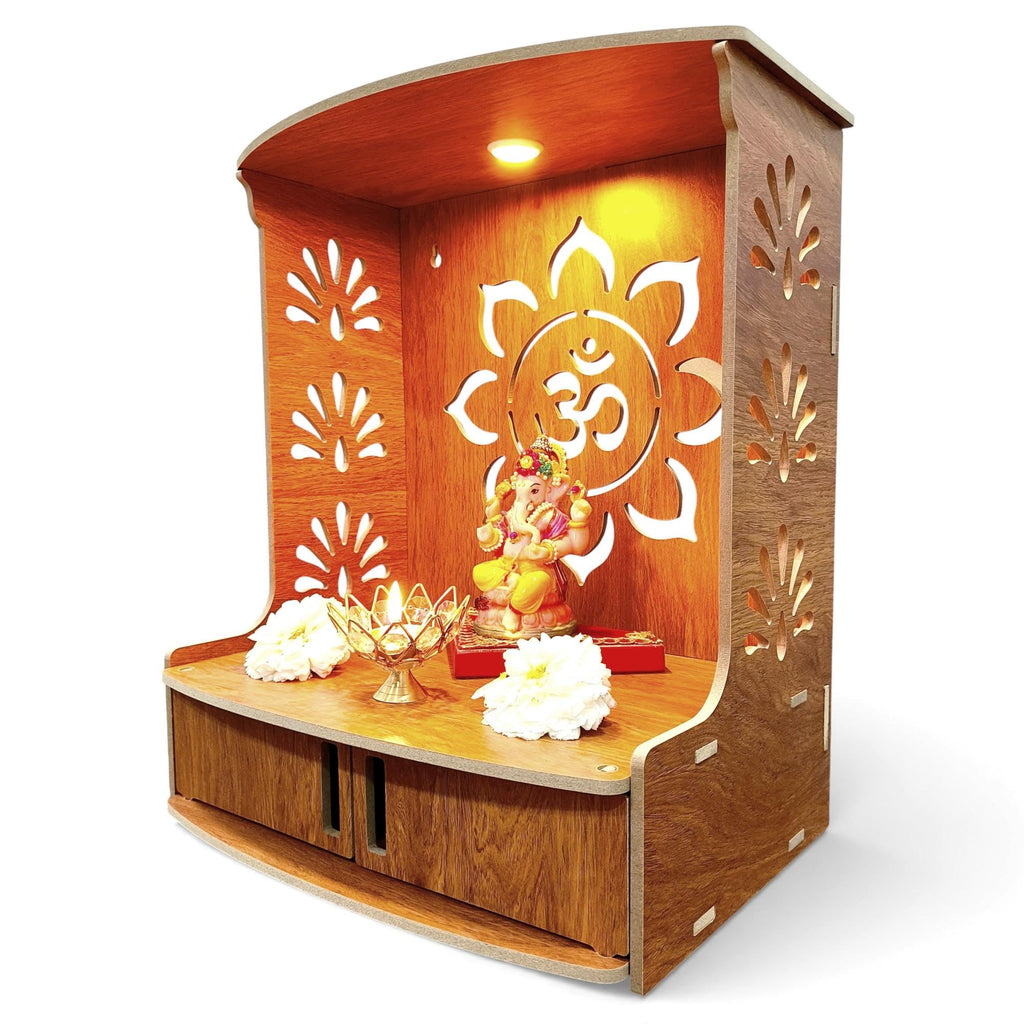 Devson™ Beautiful Wooden Temple | MDF Pooja MANDIR for Home and Office use with LED SPOT Light | Engineered Wood Pooja Stand with Storage Shelves | Size - H 15.5 x L 12.5 x W 9 inch | 12LIT