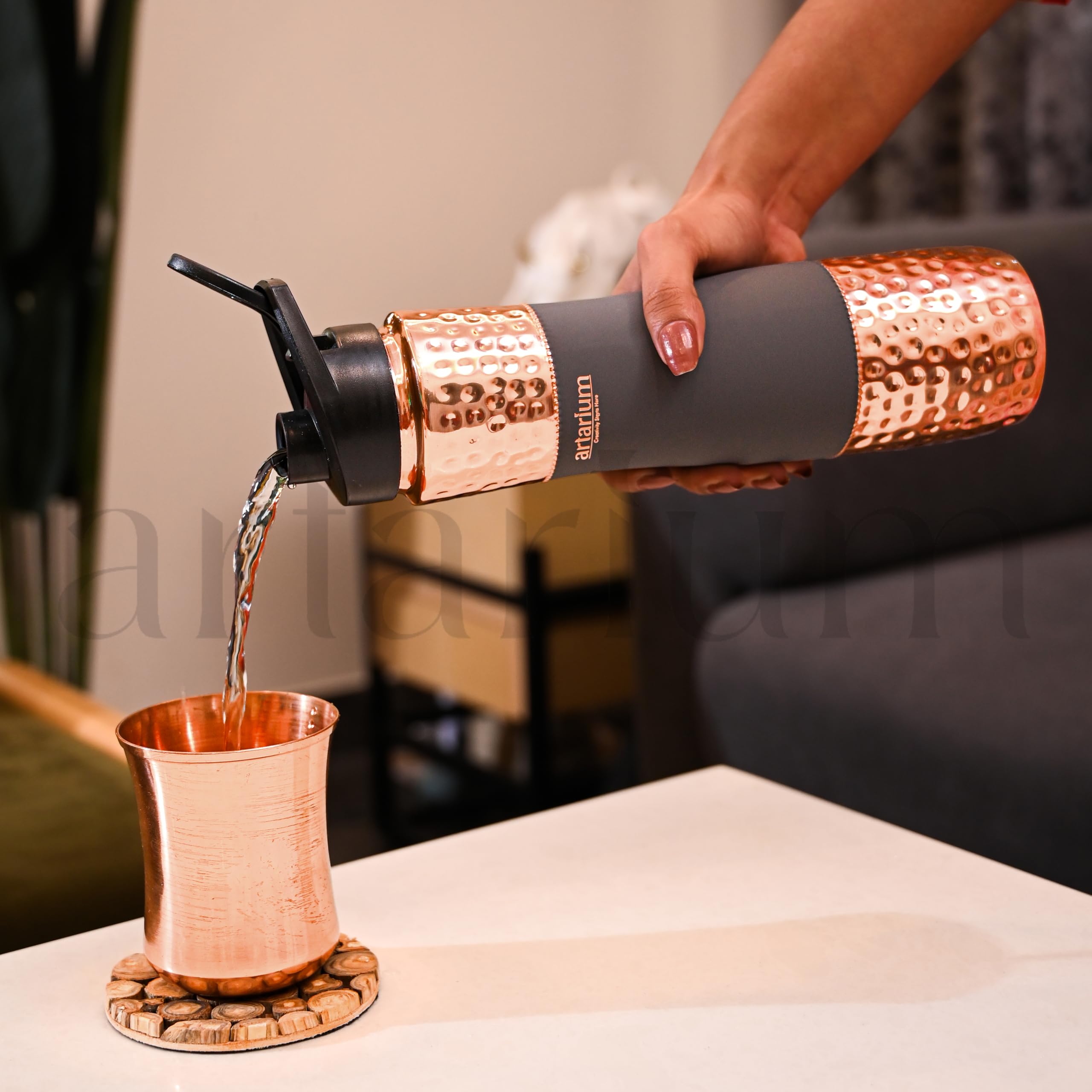 Artarium Sipper Bottle 100% Pure Copper Water Bottle Leak Proof Protection Durable & Rust Proof Copper Bottle With Added Health Benefits (Sipper Water Bottle Gray 1 Litre)