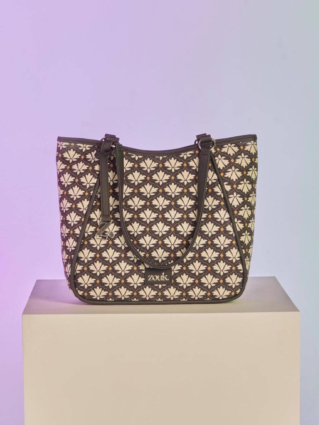 ZOUK Naisha Black & White Motif Tote Bag for Women | Vegan Leather Large Shoulder Handbag with Bottle Holder, Multiple Pockets & Water-Resistant Lining | Office, Travel & Daily Use | Bidri Kaiser