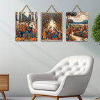 Artvibes Royal Elephant & Village Life Wooden Art Decoration Item for Home | Wall Sculpture | Signs & Plaques | Wall Accents | Graphic Artwork | Wall Poster | Ideal Gifts (WH_9651N), Set of 3