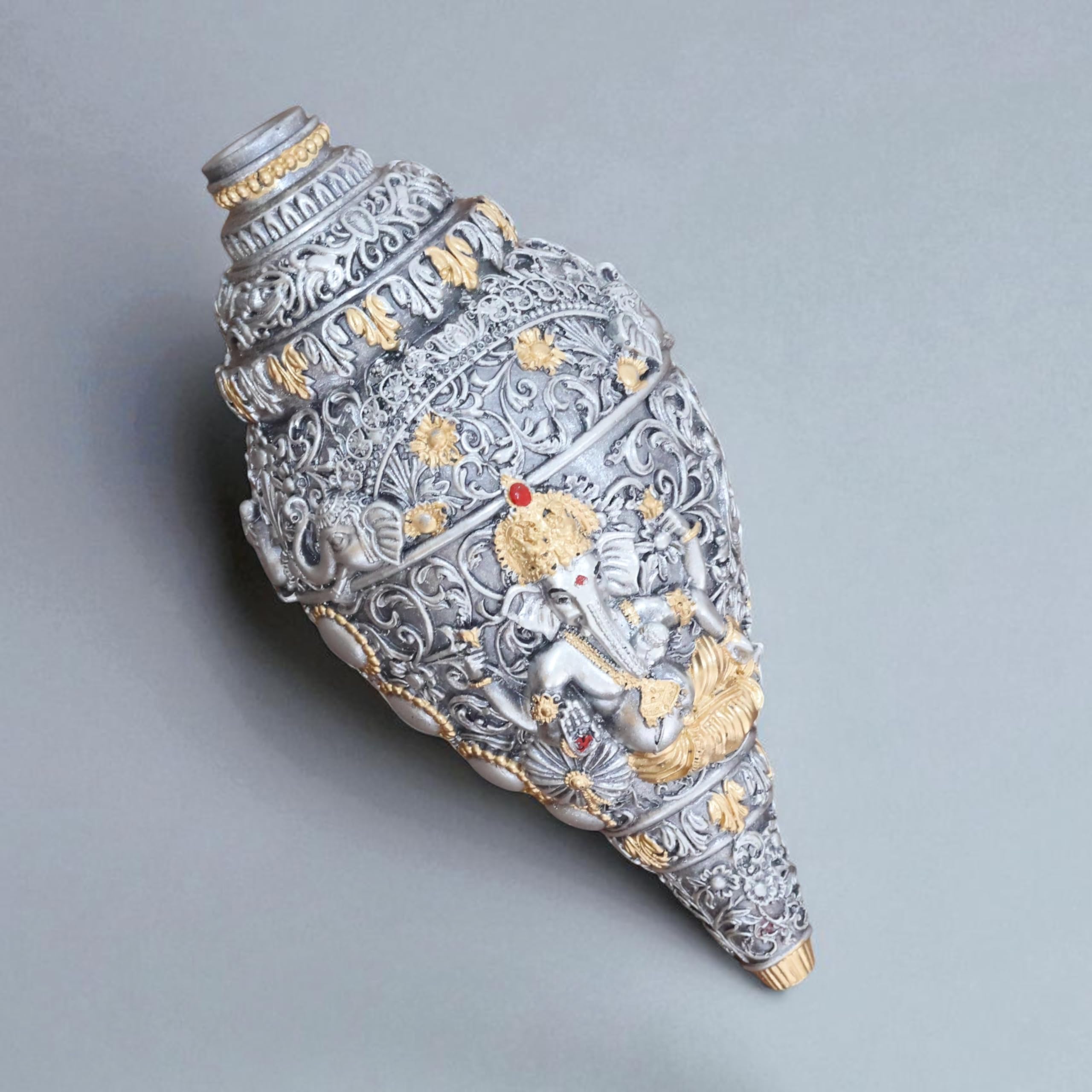 KridayKraft Decorative Lord Ganesha Shank, Silver -Toned, Conch Shell for Wealth, Prosperity and Good Luck Intricate Design, 12 (5) cm x 6 cm